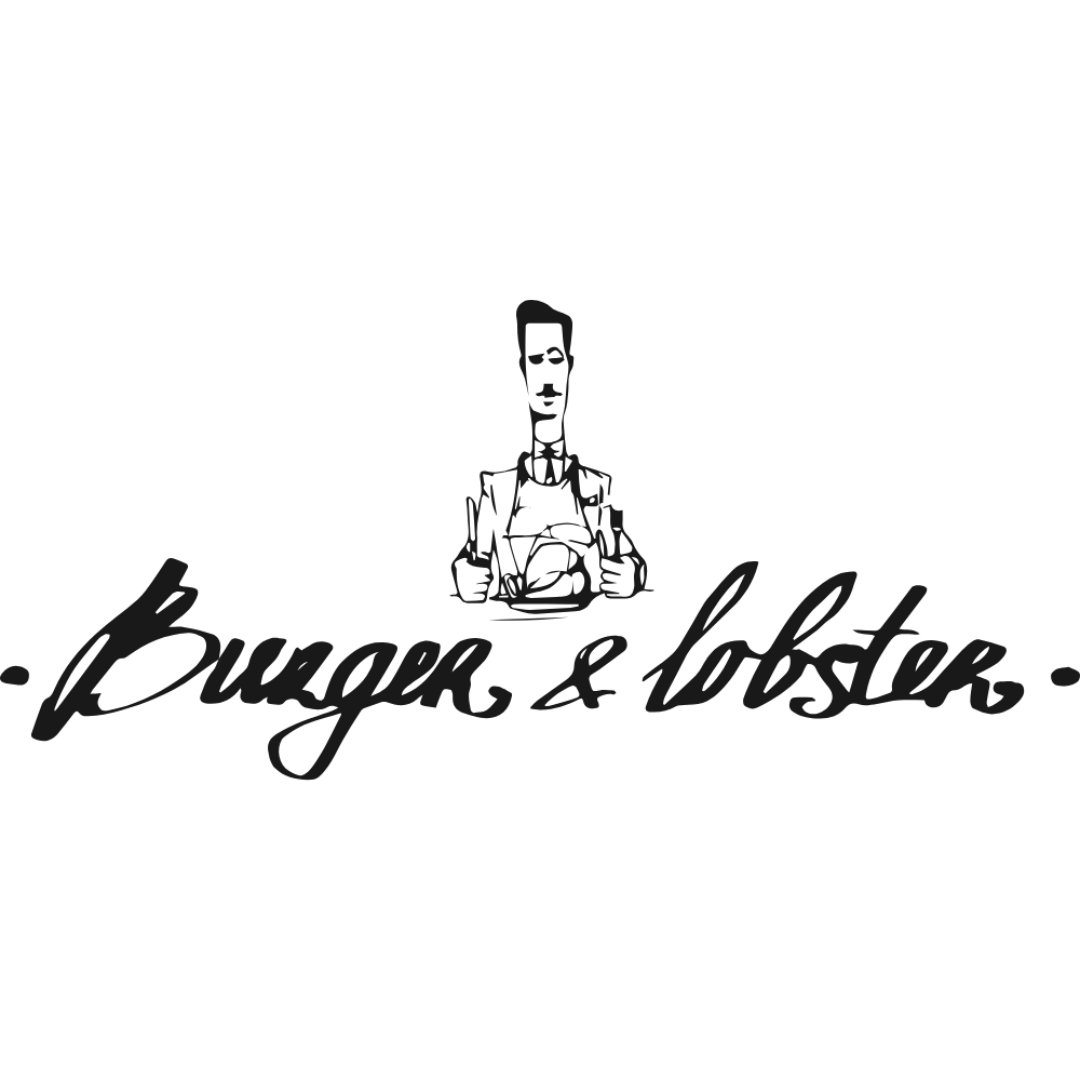 A black and white logo for Burger & Bistro with a minimalist illustration of a man in glasses holding a burger, featuring handwritten-style text.