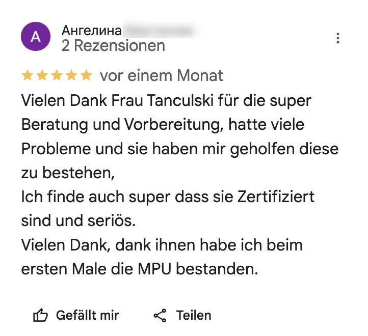 Online-Bewertung einer Person, die vor einem Monat geschrieben wurde, mit 5 Sternen, dankt Frau Tanculski für Beratung und Unterstützung, erwähnt eine MPU-Prüfung. Andrea