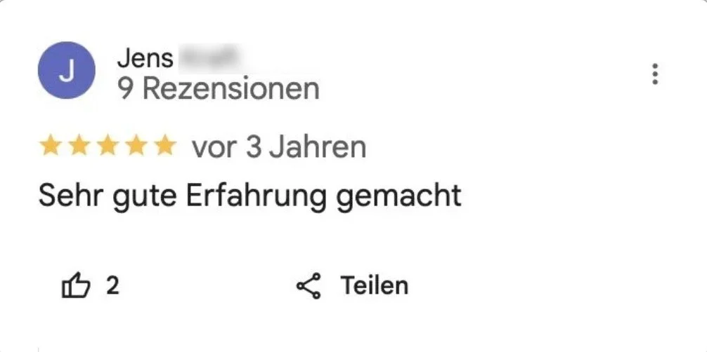 Screenshot einer Google-Rezension von Jens mit 5 Sternen, vor 3 Jahren abgegeben, Bewertung: "Sehr gute Erfahrung gemacht."