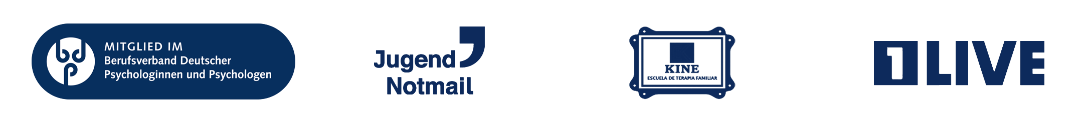 Verschiedene Logos, darunter vom Berufsverband Deutscher Psychologinnen und Psychologen, Jugend Notmail, KINE Schule für Familientherapie und Olive.