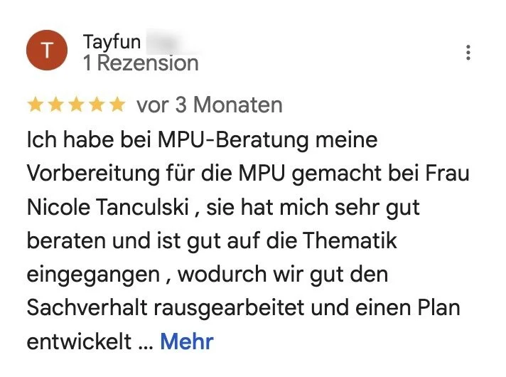 Bewertung mit fünf Sternen für eine MPU-Beratung durch Frau Nicole Tanculski, positive Erfahrungen und gute Beratung. Tayfun