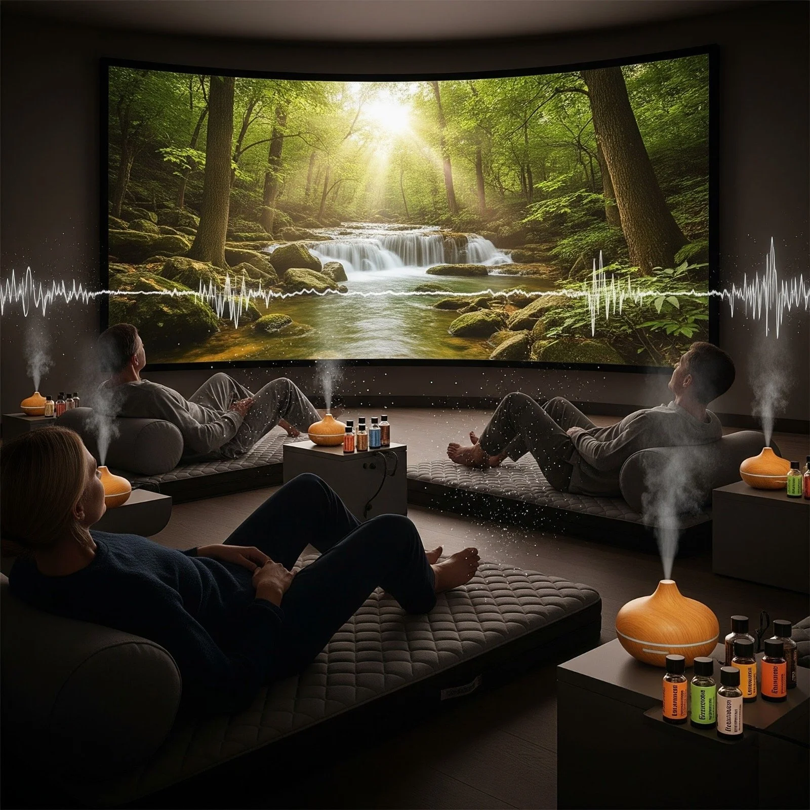 People relaxing in a dark room with a large screen showing a peaceful forest stream with sunlight, surrounded by audio wave visuals and using aromatherapy diffusers.