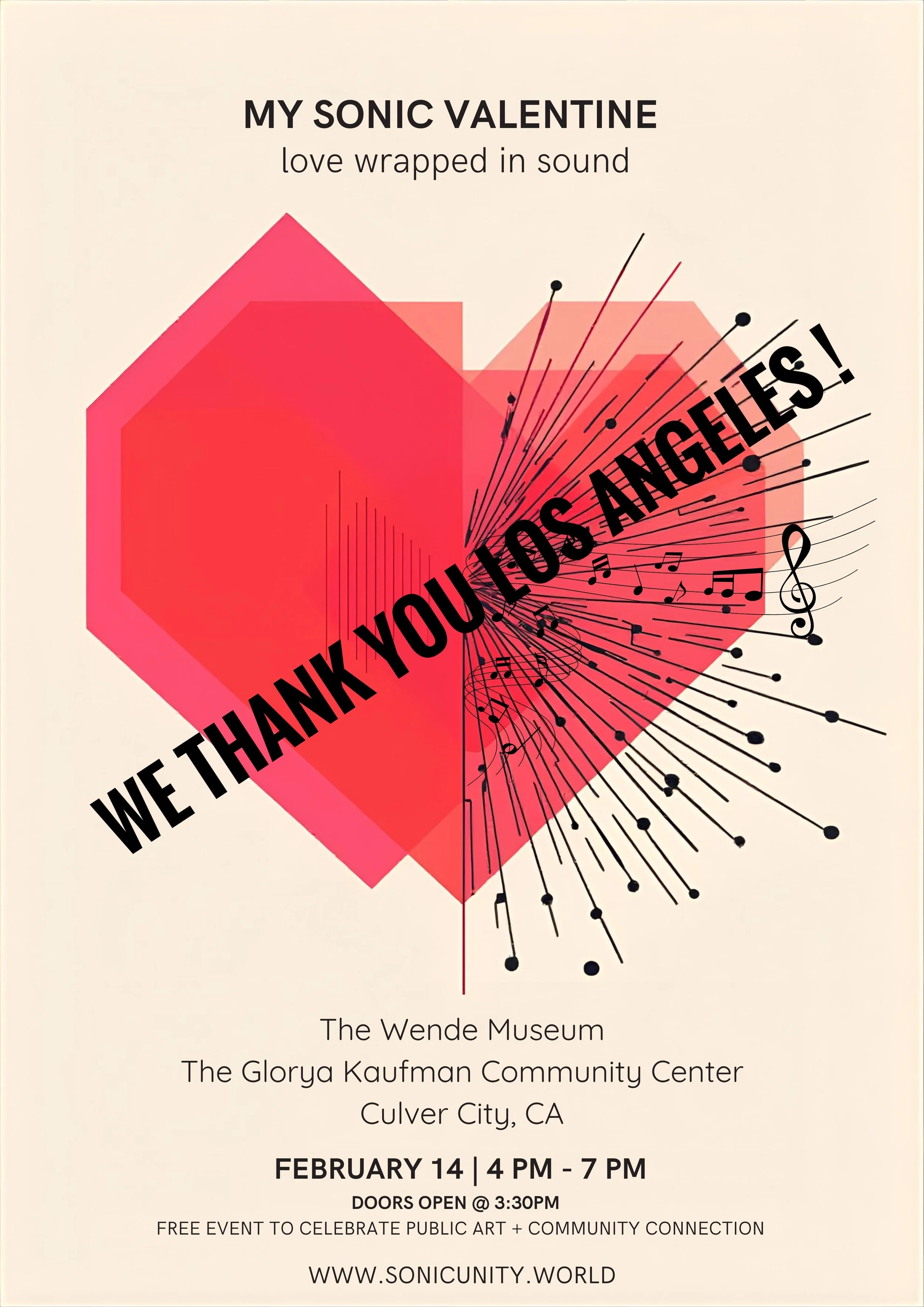 Event poster featuring Sandy Duarte and Melissa Rosen for My Sonic Valentine immersive sound experience at the Wende Museum in Culver City