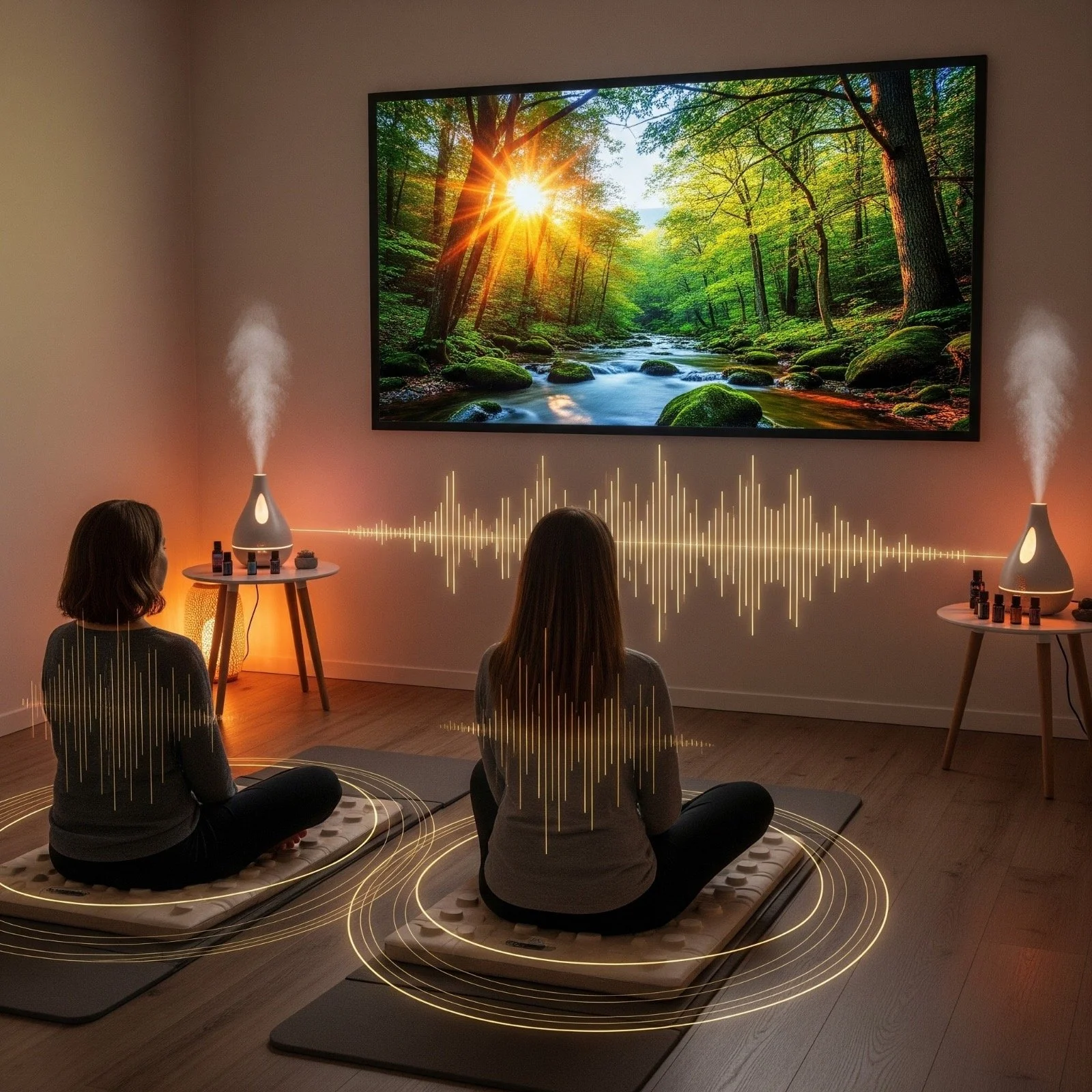 Two women sitting cross-legged on meditation mats in a room with a large screen showing a nature scene of a river and trees at sunset, with sound wave graphics overlaid, and aroma diffusers emitting steam on side tables.