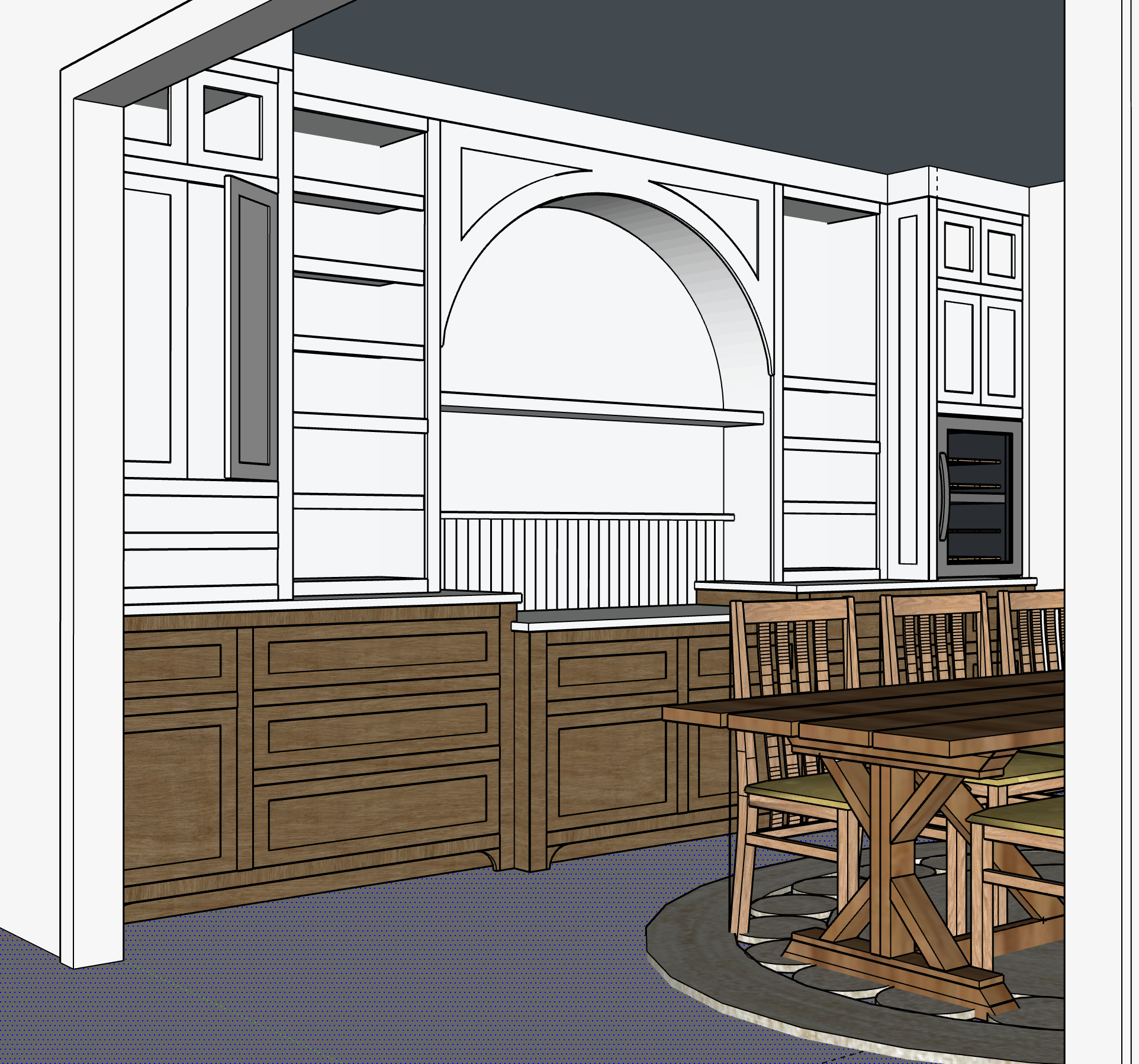 Rendering of a kitchen with white and wooden cabinets, a dining table, and chairs.