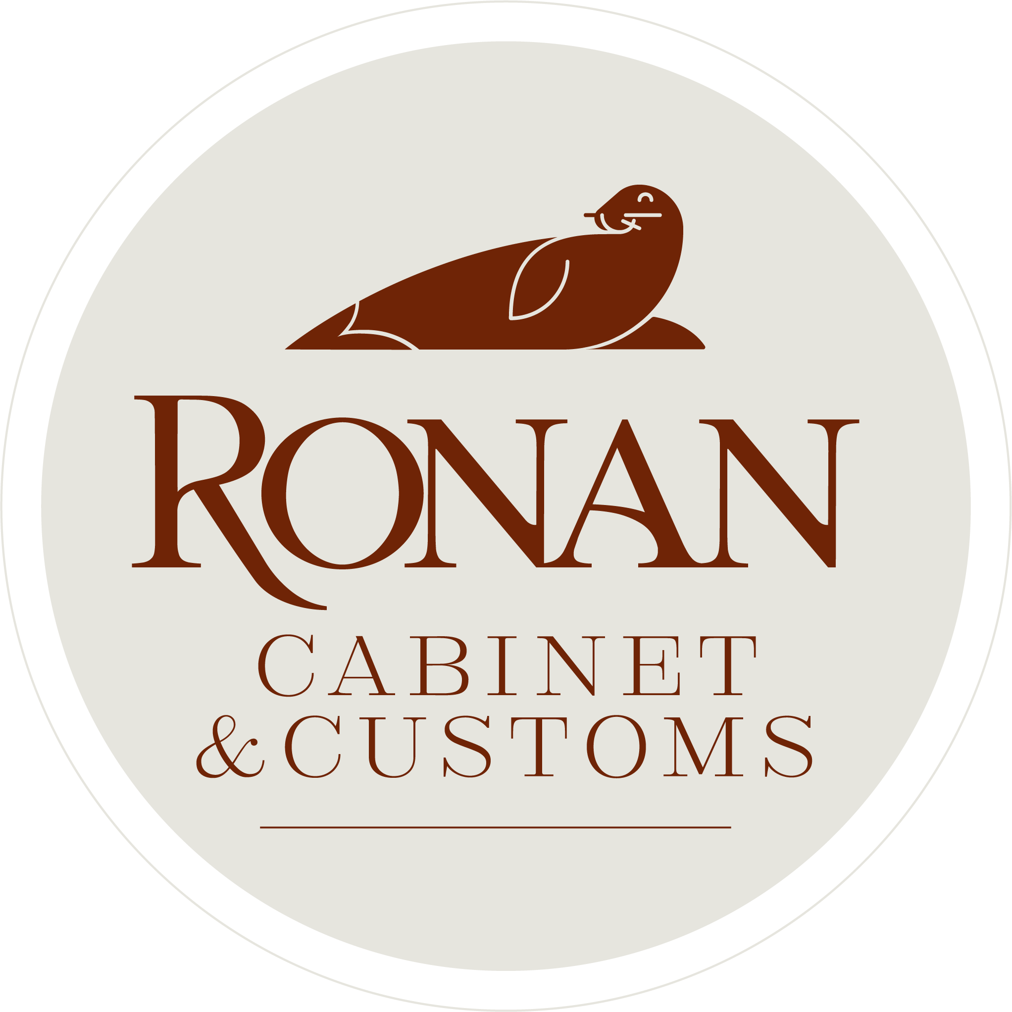Logo for Ronan Cabinet & Customs featuring a brown seal illustration above the text 'RONAN' in large brown letters and 'CABINET & CUSTOMS' in smaller brown letters below, all within a circular black border.