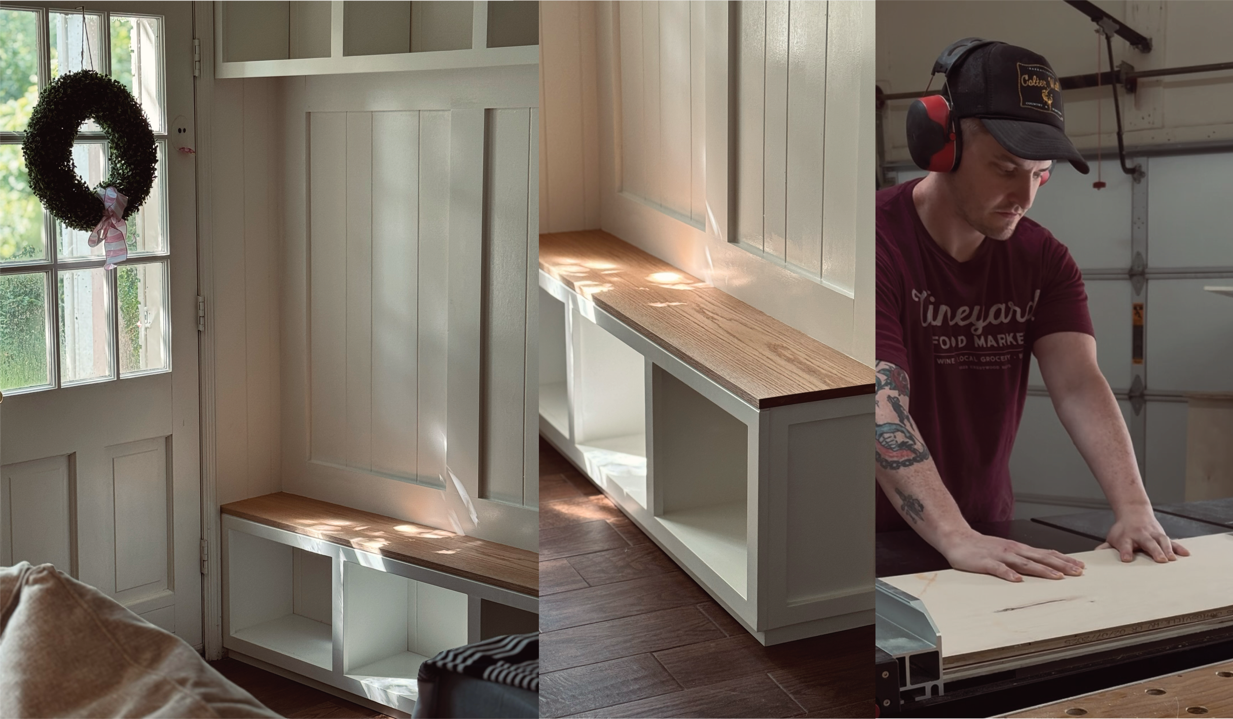 A person working in a garage, assembling or building furniture, with a white cabinet with open shelves and a wooden countertop, wearing a maroon t-shirt and a black cap with hearing protection.