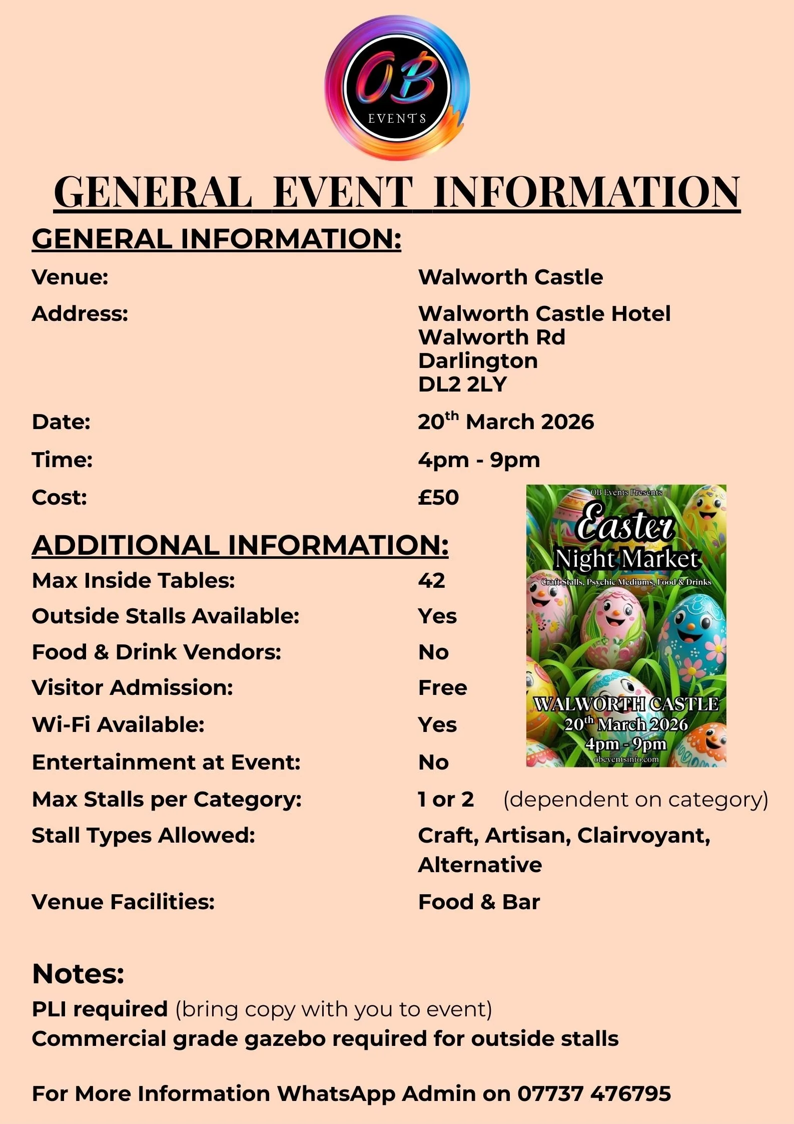 Event flyer for an Easter Night Market at Walworth Castle on March 20, 2026, from 4 pm to 9 pm, featuring craft stalls, psychic mediums, food and drinks, with information on venue, tickets, and stall guidelines.