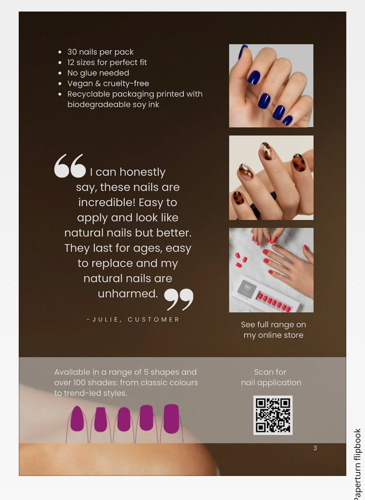 Advertisement for nail stickers showing three different nail designs, a customer testimonial, and information about the product's features, packaging, and online store.