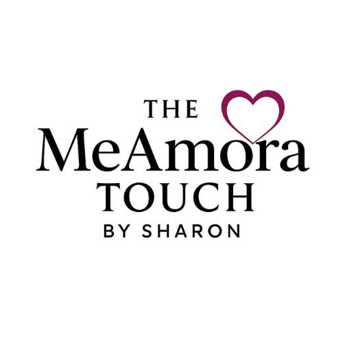 Logo for The MeAmora Touch by Sharon featuring the name with a heart shape in place of the letter 'o' in 'Amora'.