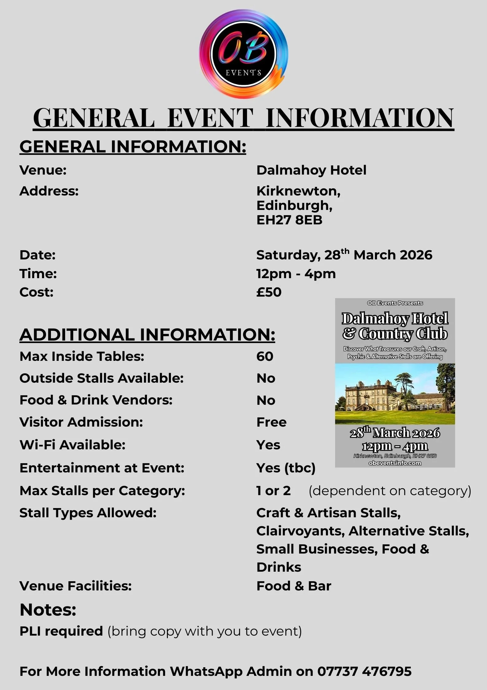 Event information sheet for a craft and artisan fair at Dalmahoy Hotel, Edinburgh on March 28, 2026, from 12 pm to 4 pm, with details on venue, ticket price, stalls, and amenities.