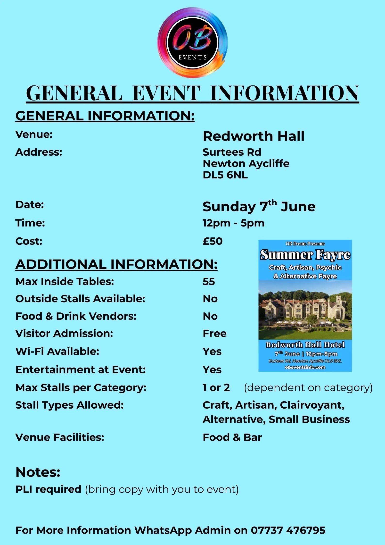 Event poster for Summer Fayre at Redworth Hall Hotel on Sunday, 7th June, from 12pm to 5pm, with craft, artisan, psychic, and alternative Fayre, including details about venue, date, time, cost, and additional event information.