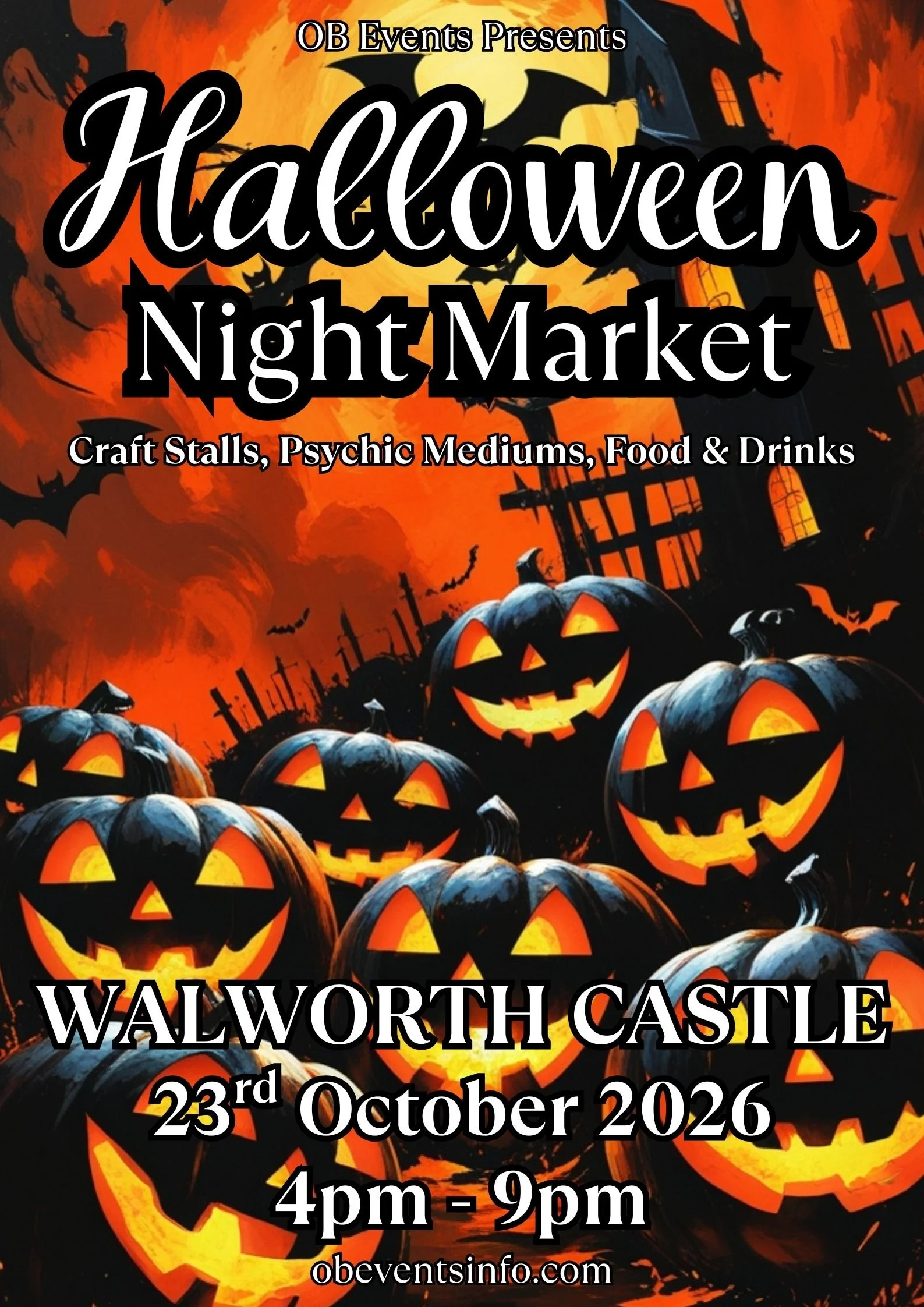 Halloween-themed poster advertising a Halloween Night Market event with carved pumpkins, dark haunted house silhouette, and orange and black color scheme.