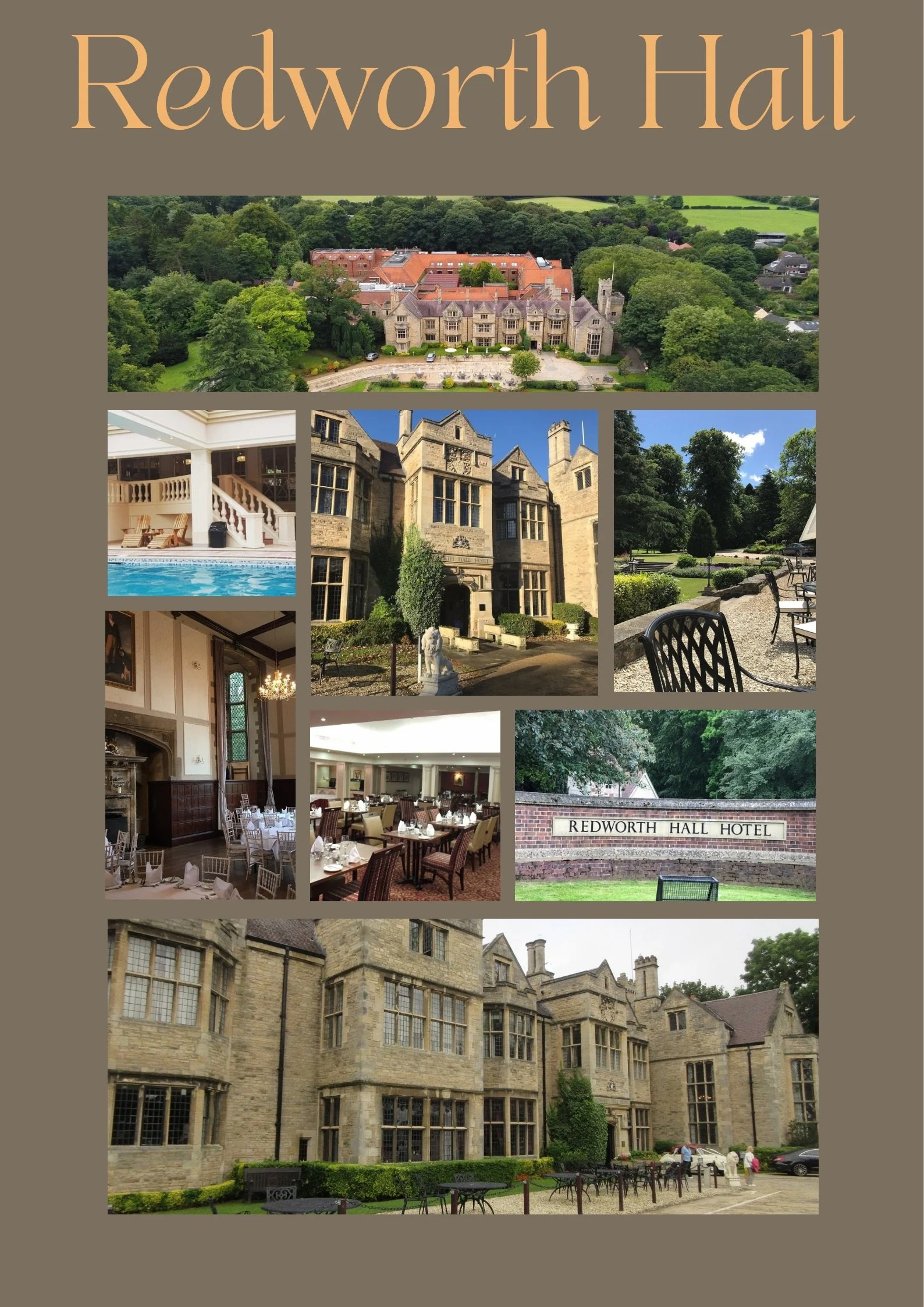 A collage of images of Redworth Hall, showing its exterior architecture, interior rooms, dining area, outdoor gardens, and a sign that reads 'Redworth Hall Hotel.'