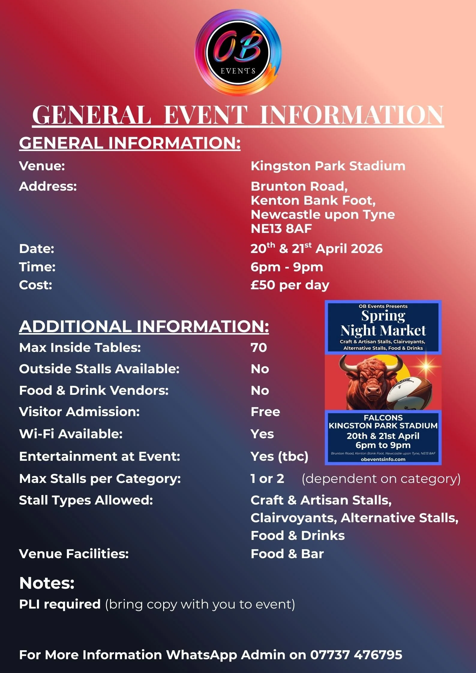 Event poster with details for a spring night market at Kingston Park Stadium, Newcastle upon Tyne, on April 20th and 21st, 2026, from 6pm to 9pm, featuring craft stalls, food, drinks, and entertainment.