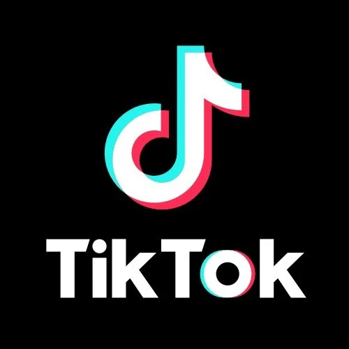 TikTok logo on black background with the word 'TikTok' below it.