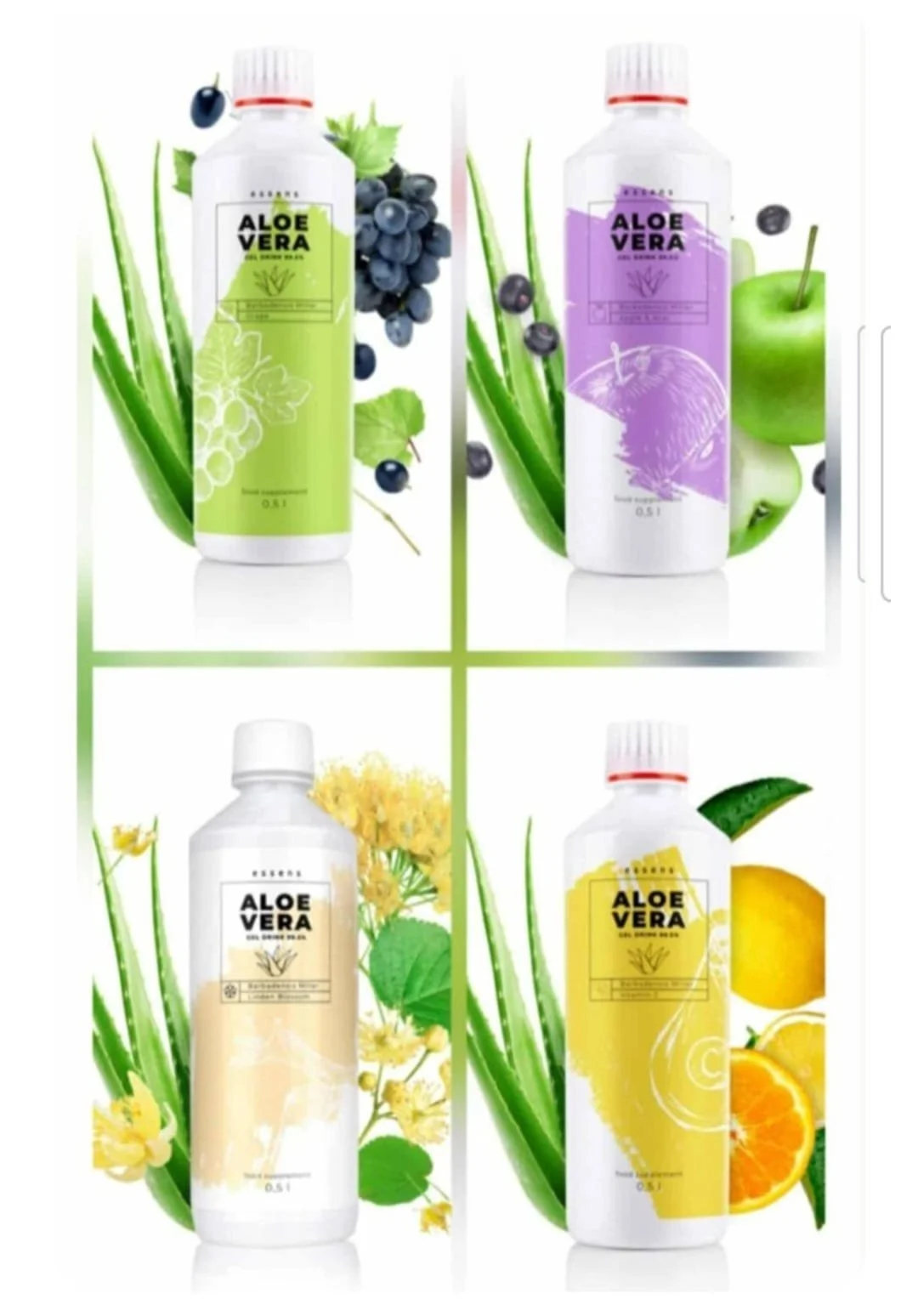 Four bottles of aloe vera juice with different fruit flavors: grape, apple, lemon, and orange, each surrounded by their respective fruits and leaves.