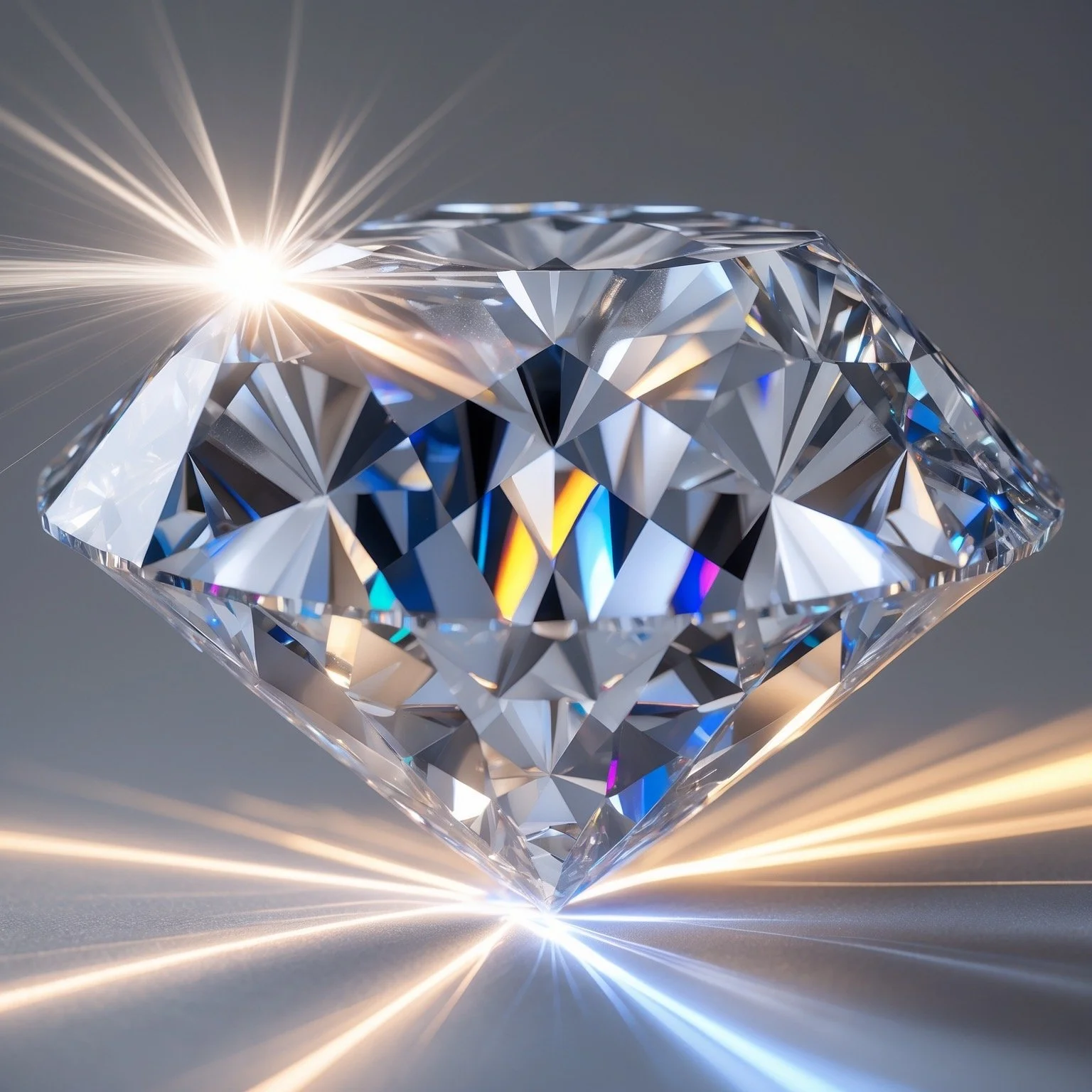 Close-up of a sparkling diamond with light reflections and a bright spark of light