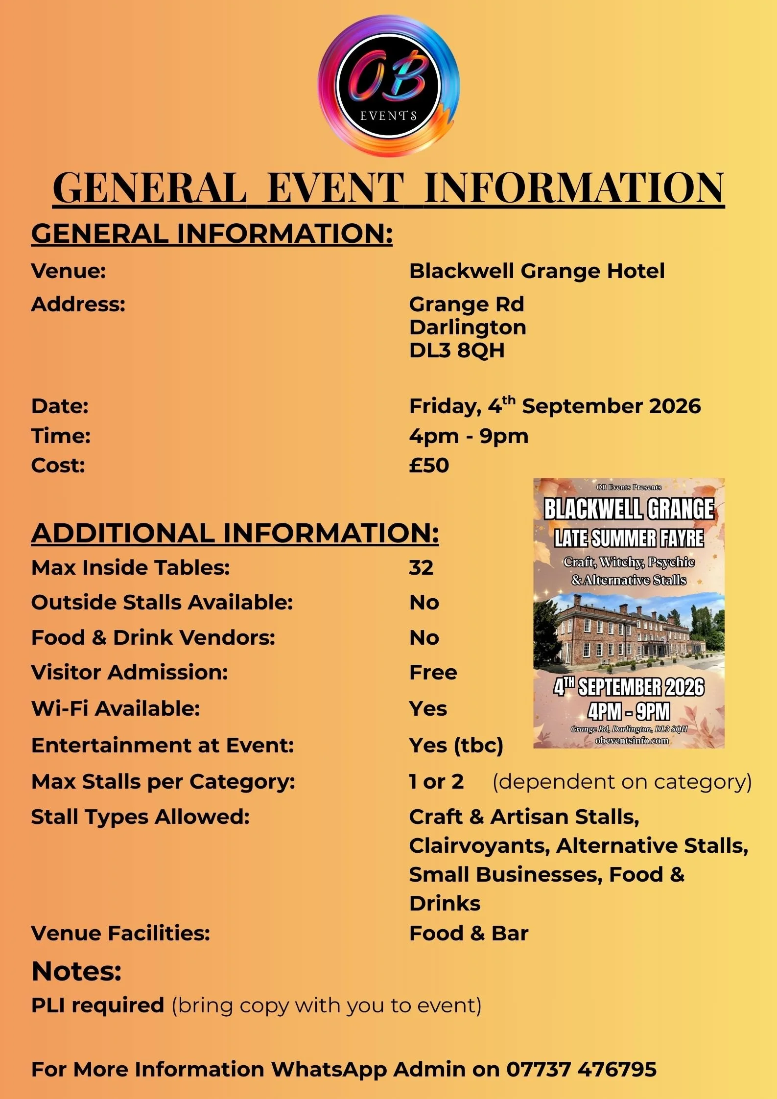 Event flyer for 'Blackwell Grange Late Summer Fayre' at Blackwell Grange Hotel on September 4, 2026, from 4pm to 9pm, featuring craft, witchy, psychic, and alternative stalls.