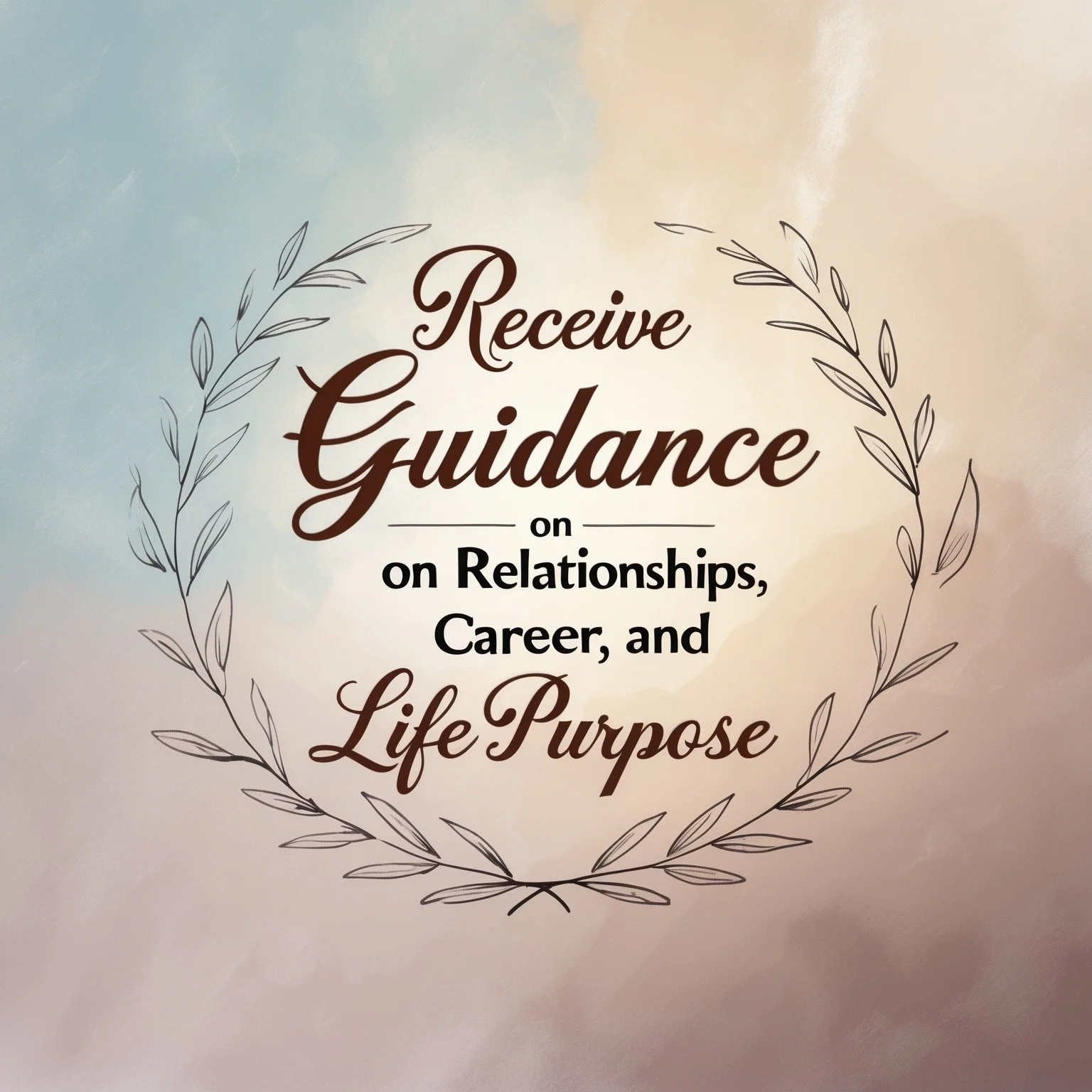 A motivational quote about receiving guidance on relationships, career, and life purpose, surrounded by a thin, hand-drawn leaf wreath on a soft pastel background.
