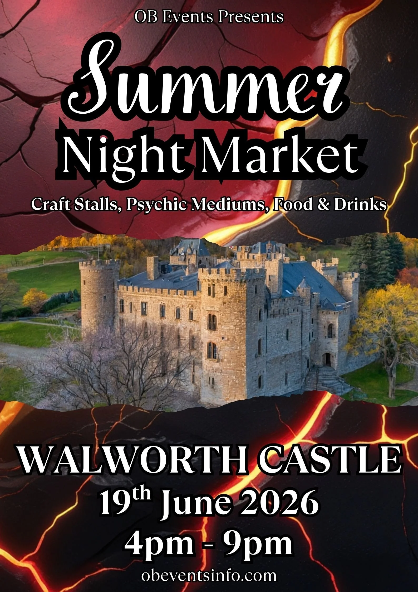Poster promoting a summer night market at Wallworth Castle on June 19, 2026, from 4 pm to 9 pm, featuring craft stalls, psychic mediums, food, and drinks, with a background of an ancient castle and a stormy sky with lightning.