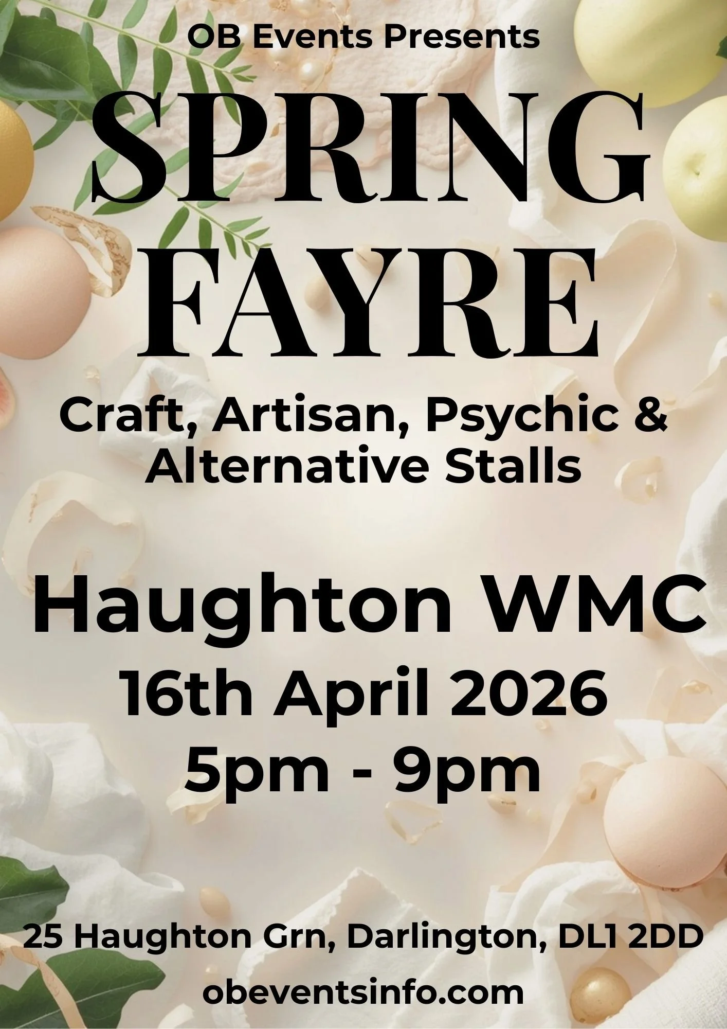 OB Events - Haughton WMC Event April 2026. Craft & Artisan Stalls, Clairvoyants,  Alternative Stalls, Food & Drinks