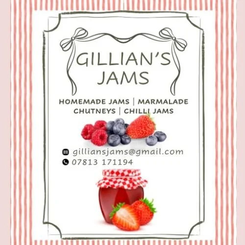 A sign for Gillian's Jams offering homemade jams, marmalade, chutneys, and chili jams, with images of berries and a jar of jam.