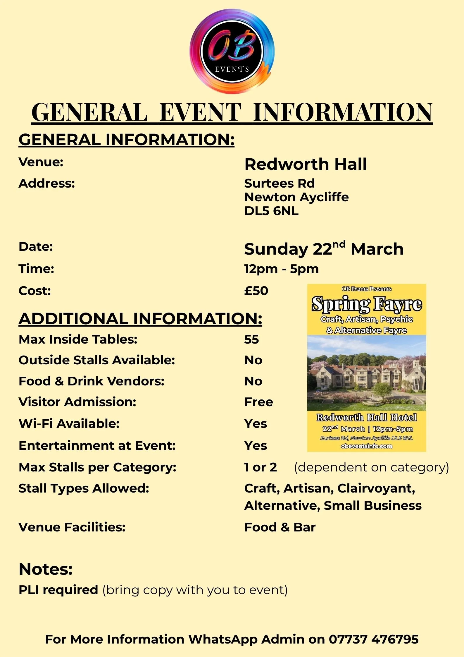 Event flyer for the Spring Fayre craft market, showcasing a picture of residential buildings, scheduled for Sunday, 22nd March, from 12pm to 5pm at Redworth Hall, Newton Aycliffe, with details about stalls, vendors, and amenities.