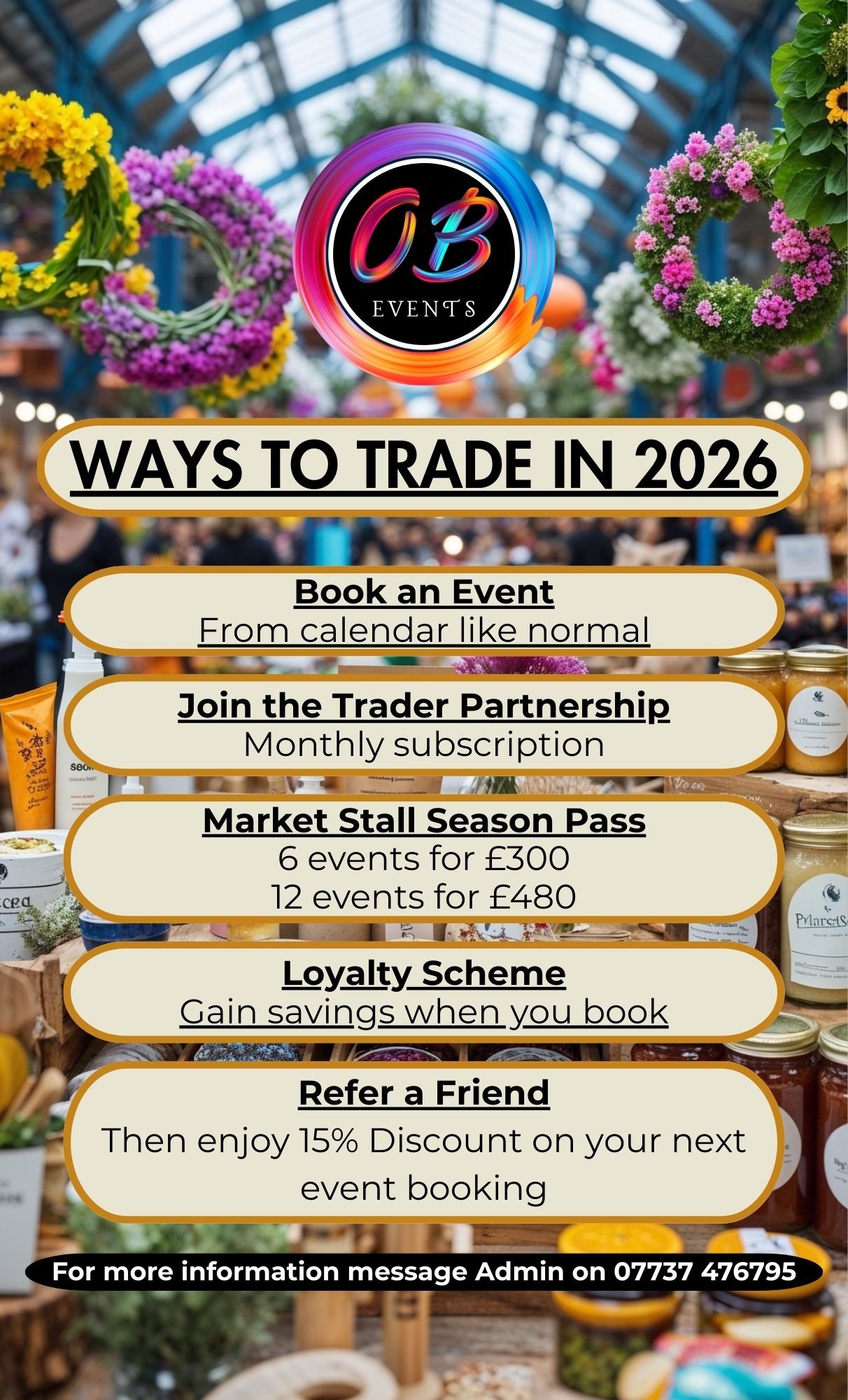A promotional poster for AB Events highlighting ways to trade in 2026. It lists options such as booking events from a calendar, joining a trader partnership with a monthly subscription, purchasing a market stall season pass for 6 or 12 events, a loya