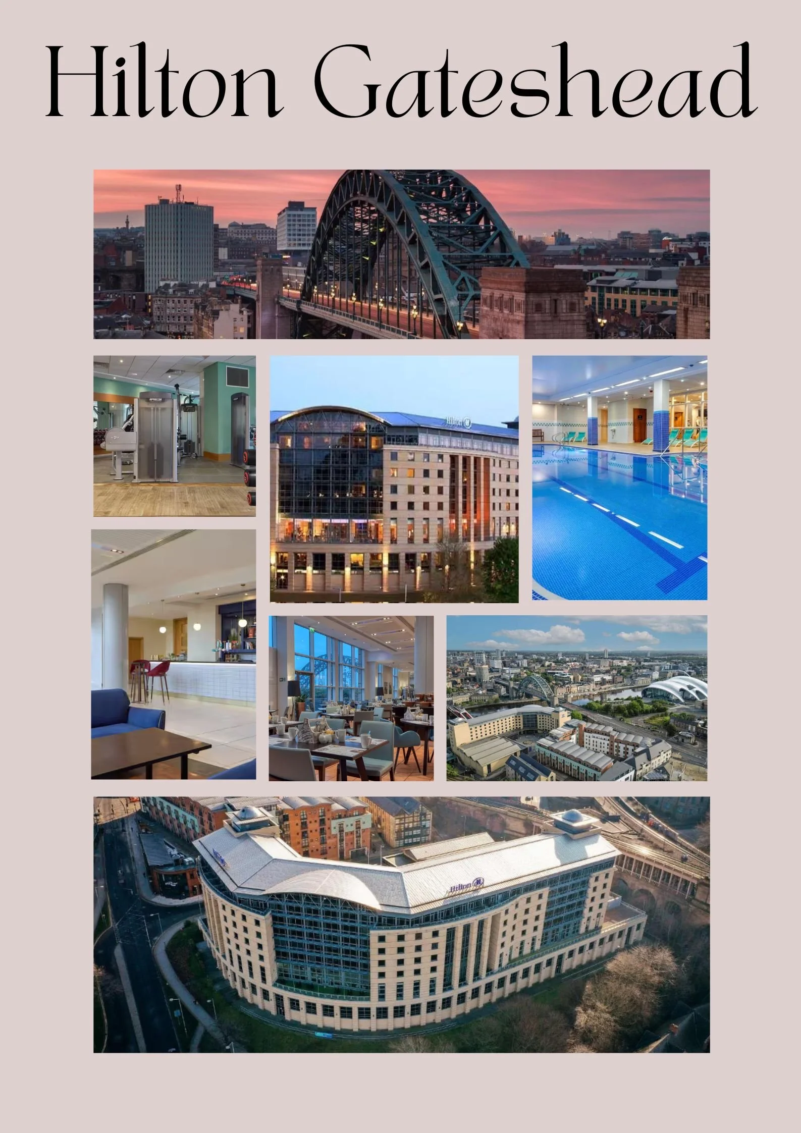 Collage of images of Hilton Gateshead hotel, including exterior views, interior shots of the pool, gym, restaurant, bar, and lobby, with a cityscape background at sunset.
