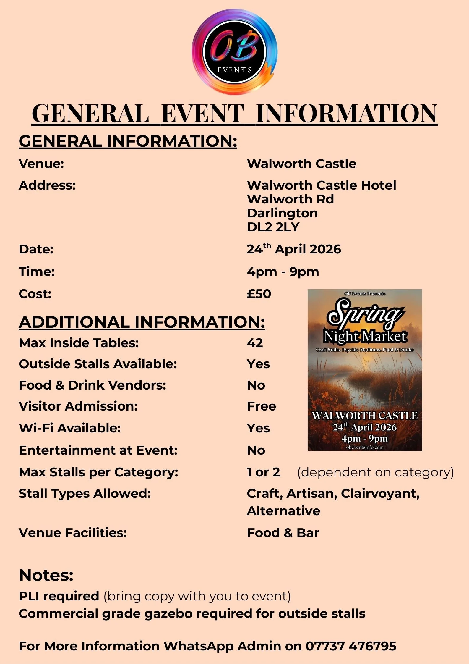 Event flyer for a Spring Night Market at Walworth Castle on April 24, 2026, from 4 pm to 9 pm, featuring craft stalls, psychic mediums, food and drinks, free admission, Wi-Fi, and venue facilities including a food and bar area.