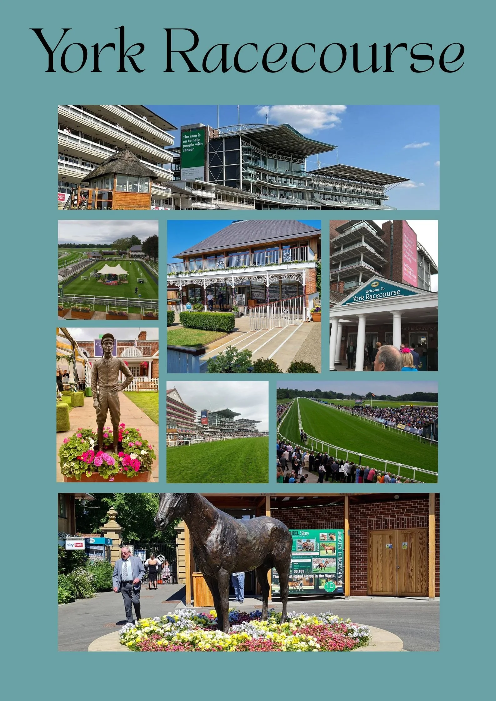 Collage of images from York Racecourse including the grandstand, paddock, racecourse track, statues of horses, and spectators.