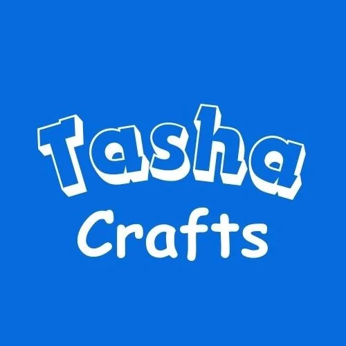 Logo for Tasha Crafts with a blue background and playful white text.