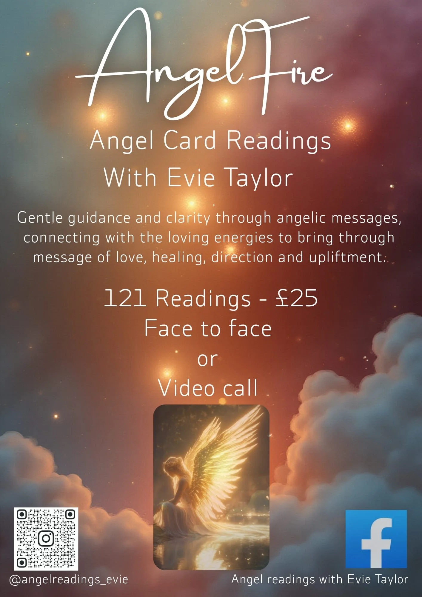 A promotional sign for Angel Fire angel card readings with Evie Taylor. The background features a colorful, dreamy sky with clouds and stars. The sign mentions 121 readings for £25, available face-to-face or via video call. It includes a QR code, social media handle @angelreadings_evje, and Facebook logo.