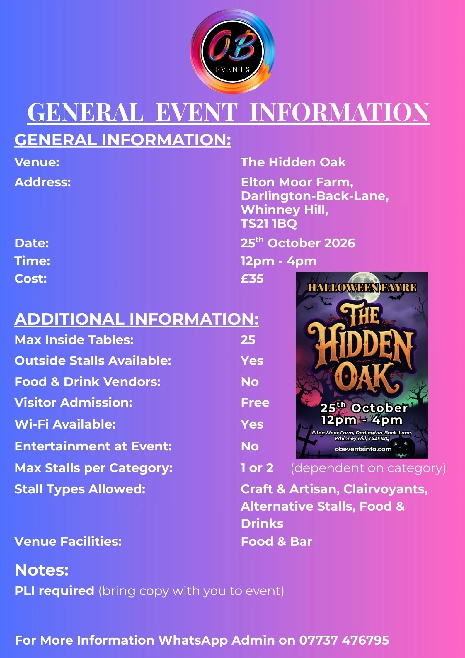 Event flyer for Halloween Fayre at The Hidden Oak, Elton Moor Farm, Whinney Hill on October 25, 2026 from 12pm to 4pm, with event details and a Halloween-themed poster.