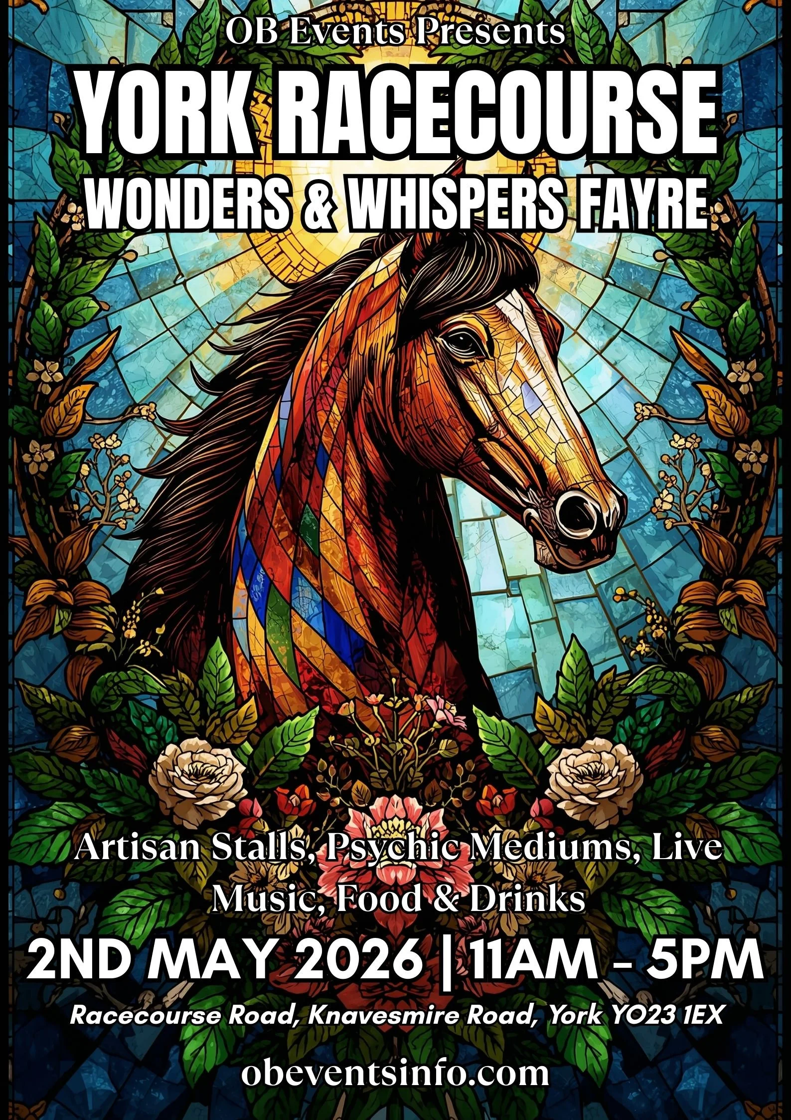 A vibrant stained glass-style poster featuring a horse's head at the center, surrounded by flowers and greenery, promoting the York Racecourse event called "Wonders & Whispers Fayre" on May 2, 2026, with details about artisans, psychic mediums, live music, food, and drinks, along with the event location and website.