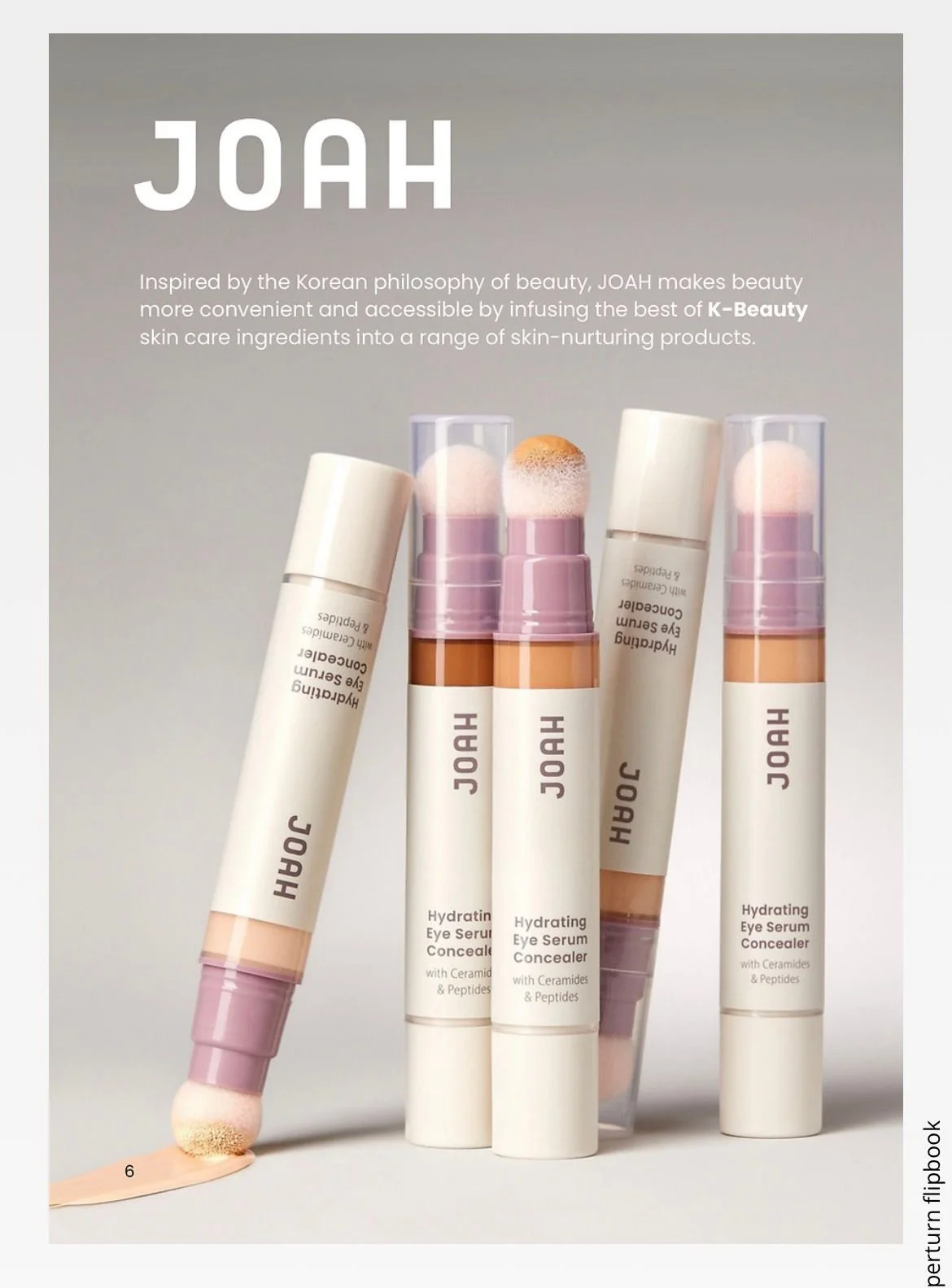 Display of four skincare products labeled 'Joah Hydrating Eye Serum Concealer' with liquid and cream textures, featuring soft pastel colors and clear packaging.