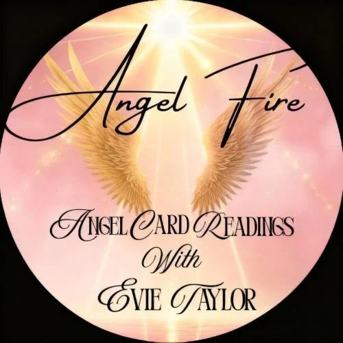 A circular logo with a soft pink background, featuring golden angel wings, a bright shining light at the top, and black cursive text that reads "Angel Fire," "Angel Card Readings," "With," and "Evie Taylor."
