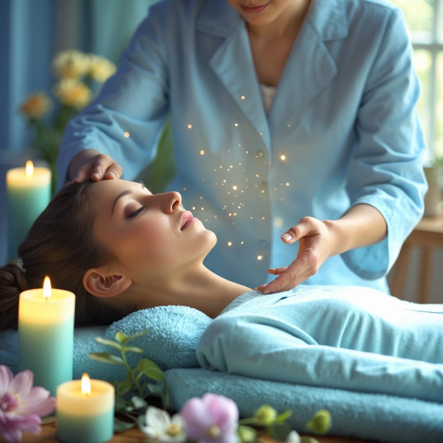 A woman receiving Reiki healing treatment from a practitioner in a serene, candle-lit room with flowers.