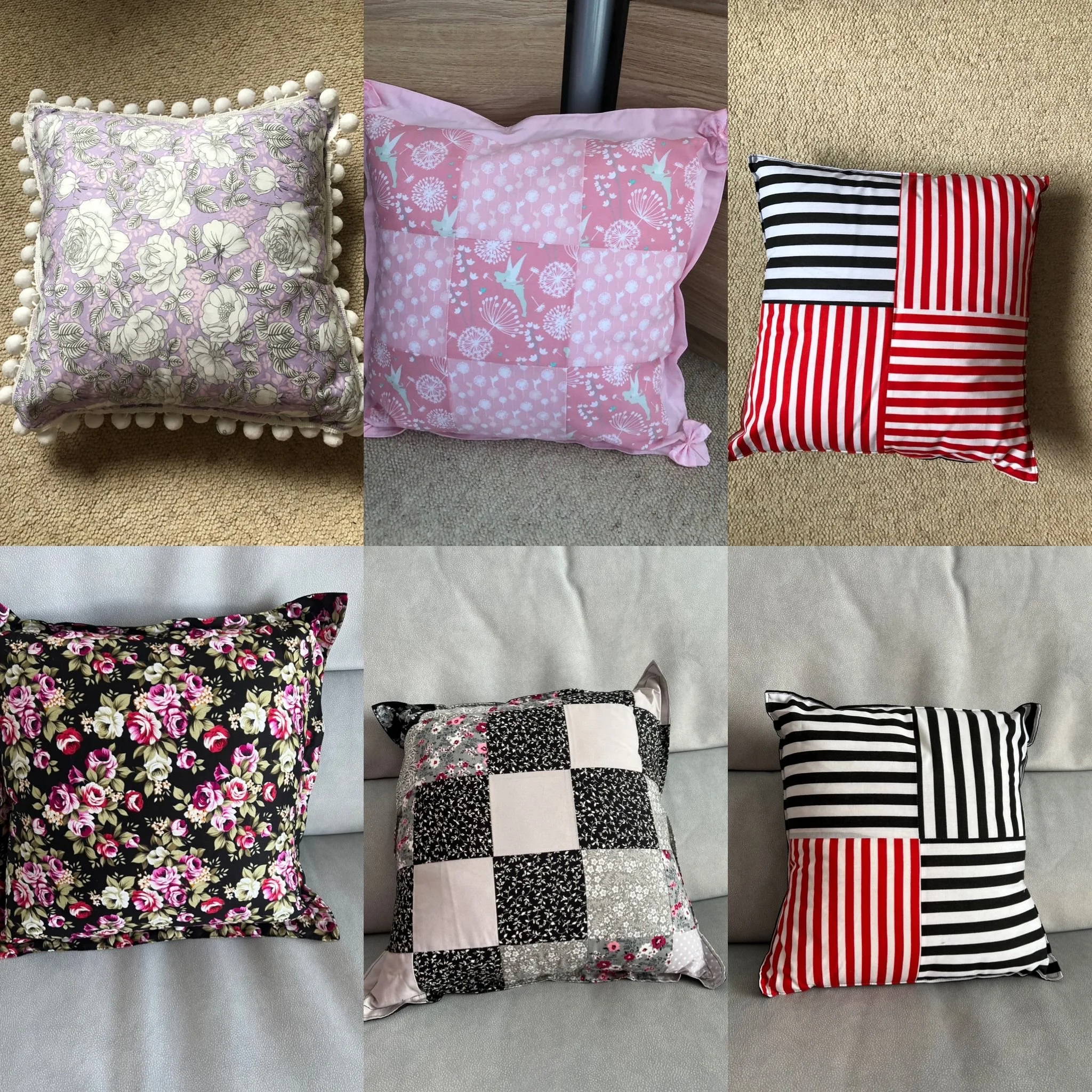 Six decorative pillows with various patterns and colors displayed on different surfaces.