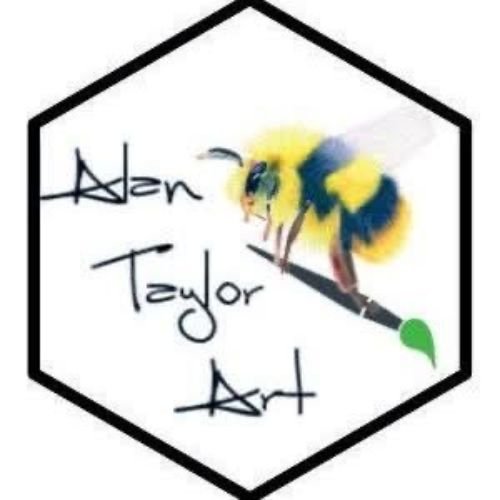A logo with a hexagonal outline containing a stylized bee sitting on a paintbrush. The label 'Nan Taylor Art' is written in a handwritten style next to the bee.