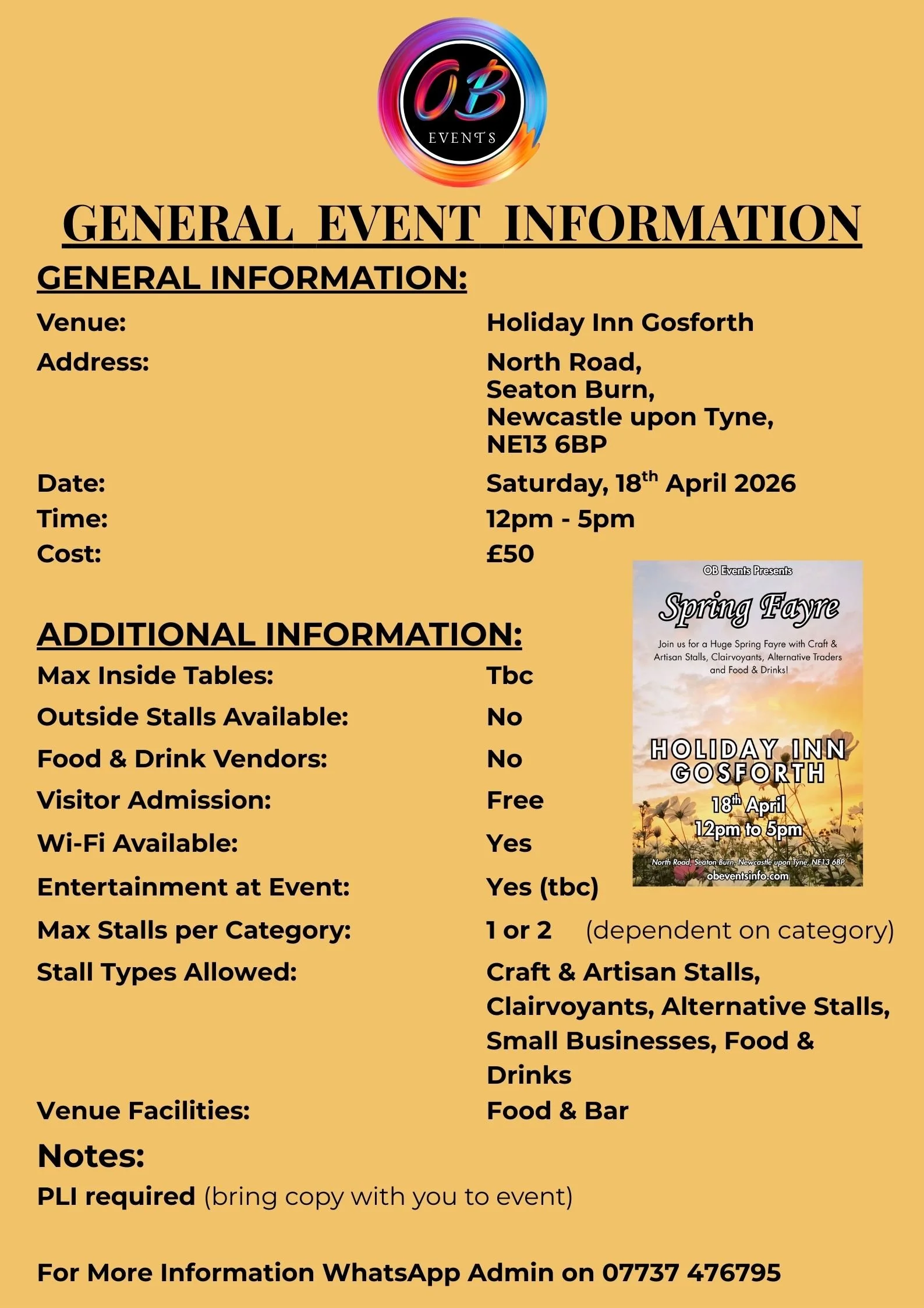 Event flyer for a spring fayre at Holiday Inn Gosforth on April 18th, 2026, from 12 pm to 5 pm, hosted by OB Events, featuring craft, artisan stalls, clairvoyants, alternative traders, food, and drinks.