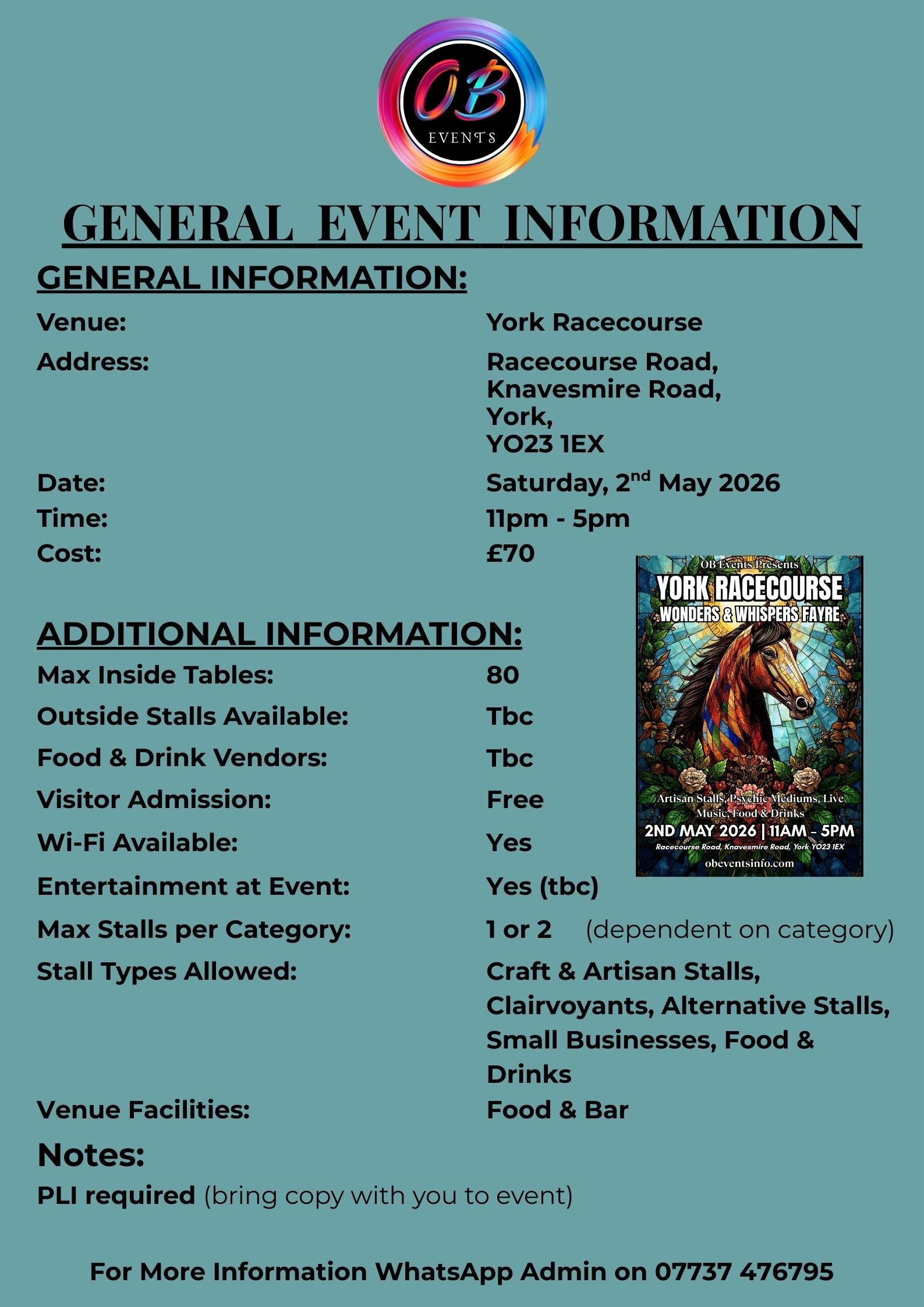 Event flyer for York Racecourse, showing details of a May 2nd, 2026 event from 11 am to 5 pm, with additional information about stalls, vendors, and entertainment. The flyer includes a colorful image of a horse on the right.