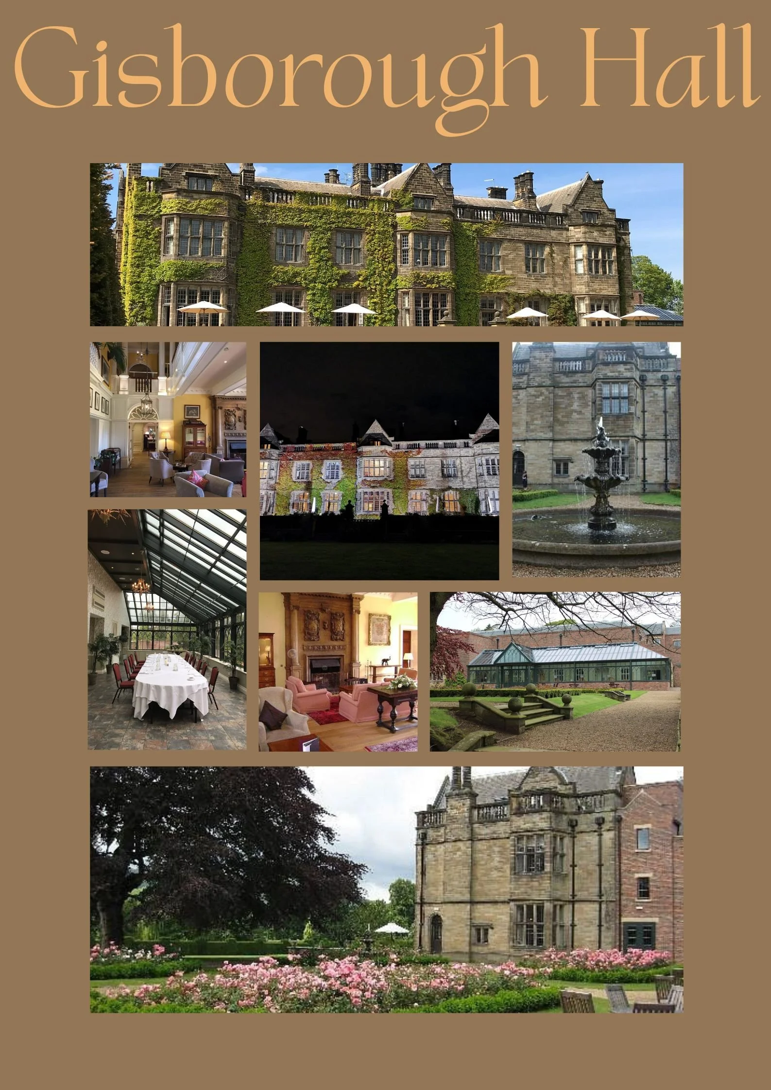 Collection of images of Gisborough Hall, including exterior views, interior rooms, a fountain, a conservatory, and landscaped gardens.