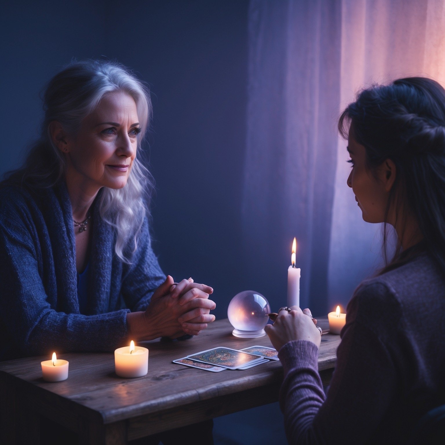 An older woman and a young woman are sitting at a table with lit candles, a crystal ball, and tarot cards, engaging in a tarot reading or spiritual consultation in a dimly lit room.