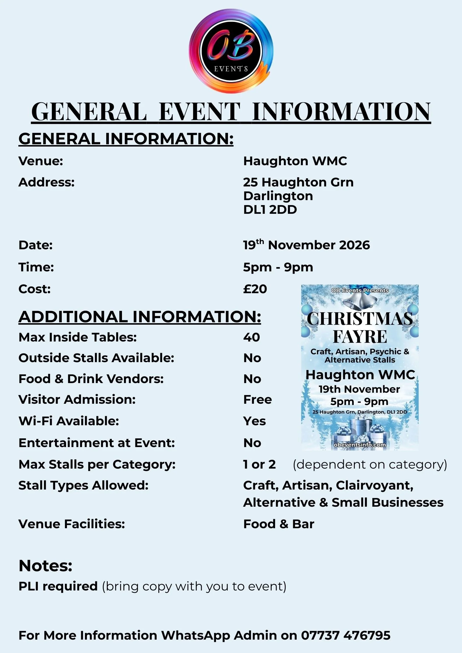 Event flyer for the Christmas Fayre at Haughton WMC, scheduled for November 19th, 2026, from 5 pm to 9 pm, featuring craft, artisan, psychic, and alternative stalls.