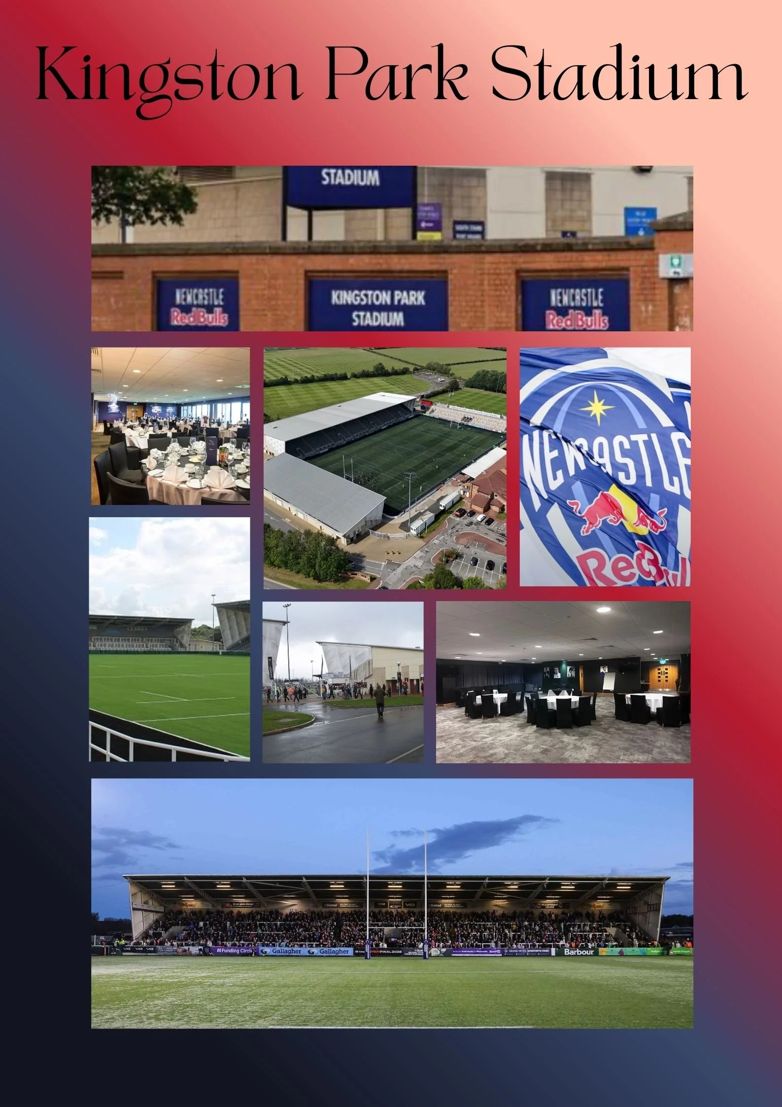 Collage of images of Kingston Park Stadium including the exterior, a dining area, a football pitch, the stadium seating, and a crowd in the stands, with the title "Kingston Park Stadium" at the top.