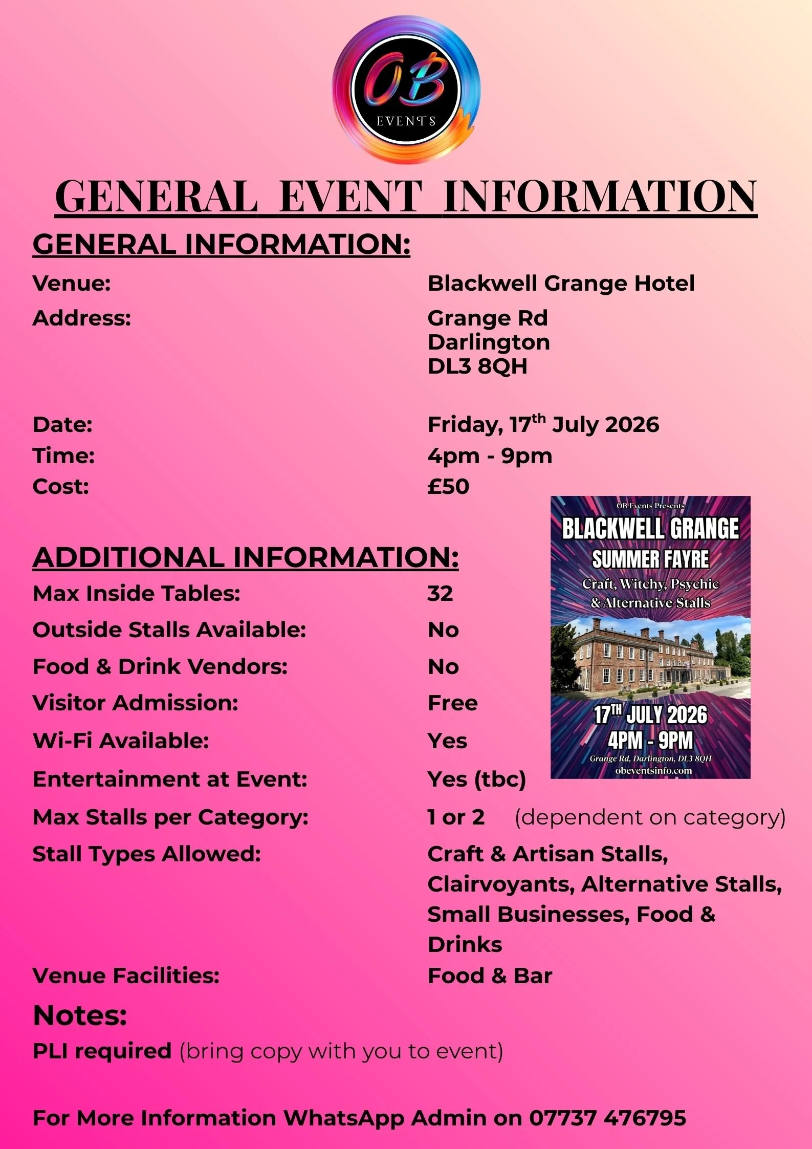 Event flyer for Blackwell Grange Summer Fayre on July 17, 2026, from 4 pm to 9 pm at Blackwell Grange Hotel in Darlington. Features craft, witchy, psychic, and alternative stalls, with free entry and Wi-Fi. Information about stall capacity, food vendors, and entertainment.