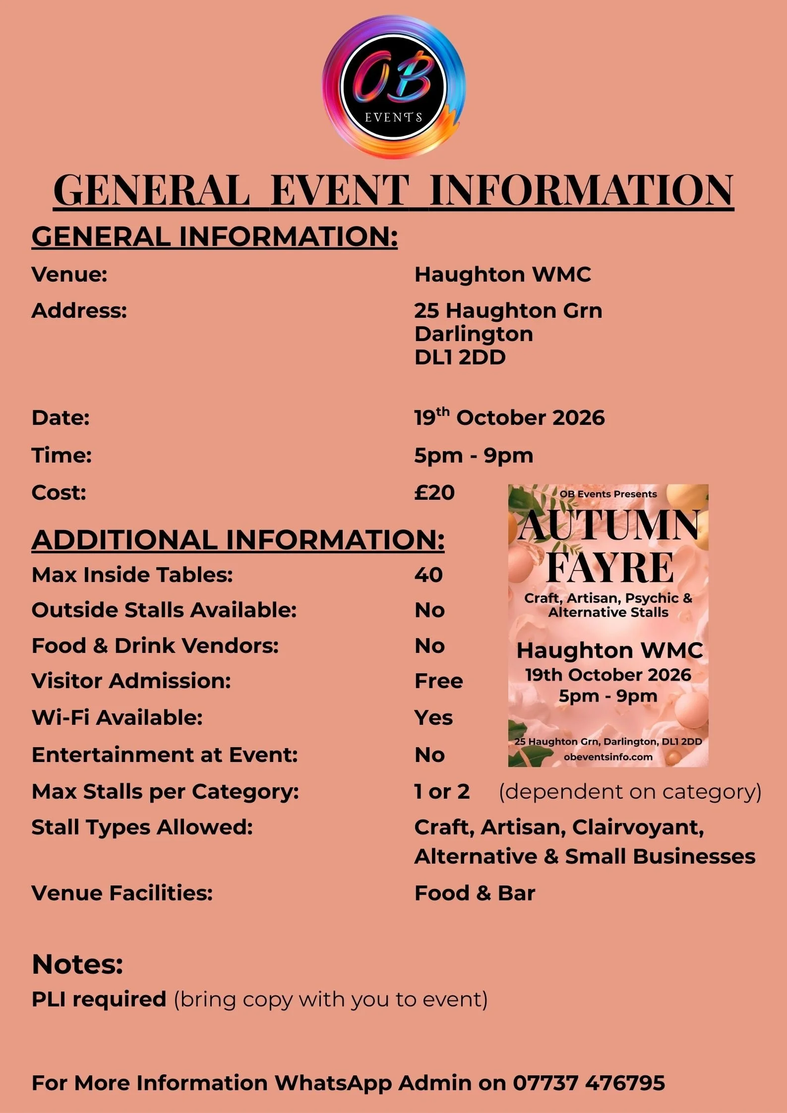 Event poster for OB Events presenting Autumn Fayre, a craft, artisan, psychic, and alternative stalls event, held on October 19, 2026, from 5 pm to 9 pm at Haughton WMC, 25 Haughton Green, Darlington. The poster includes event details, a small promotional image, and contact information.