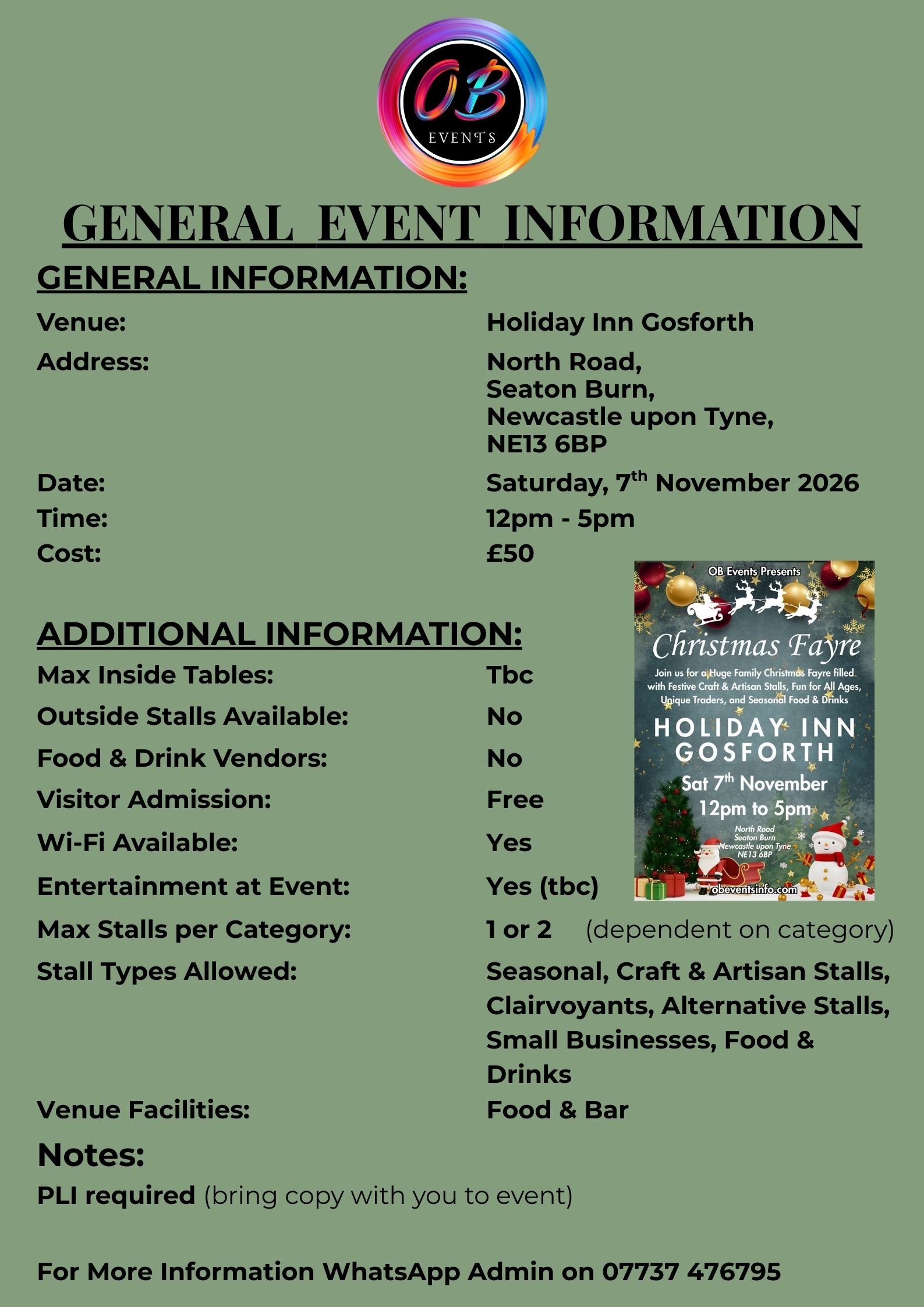 Event flyer for a Christmas Fayre at Holiday Inn Gosforth on Saturday, November 7, 2026, from 12pm to 5pm, with details about the venue, cost, and available stalls and entertainment.